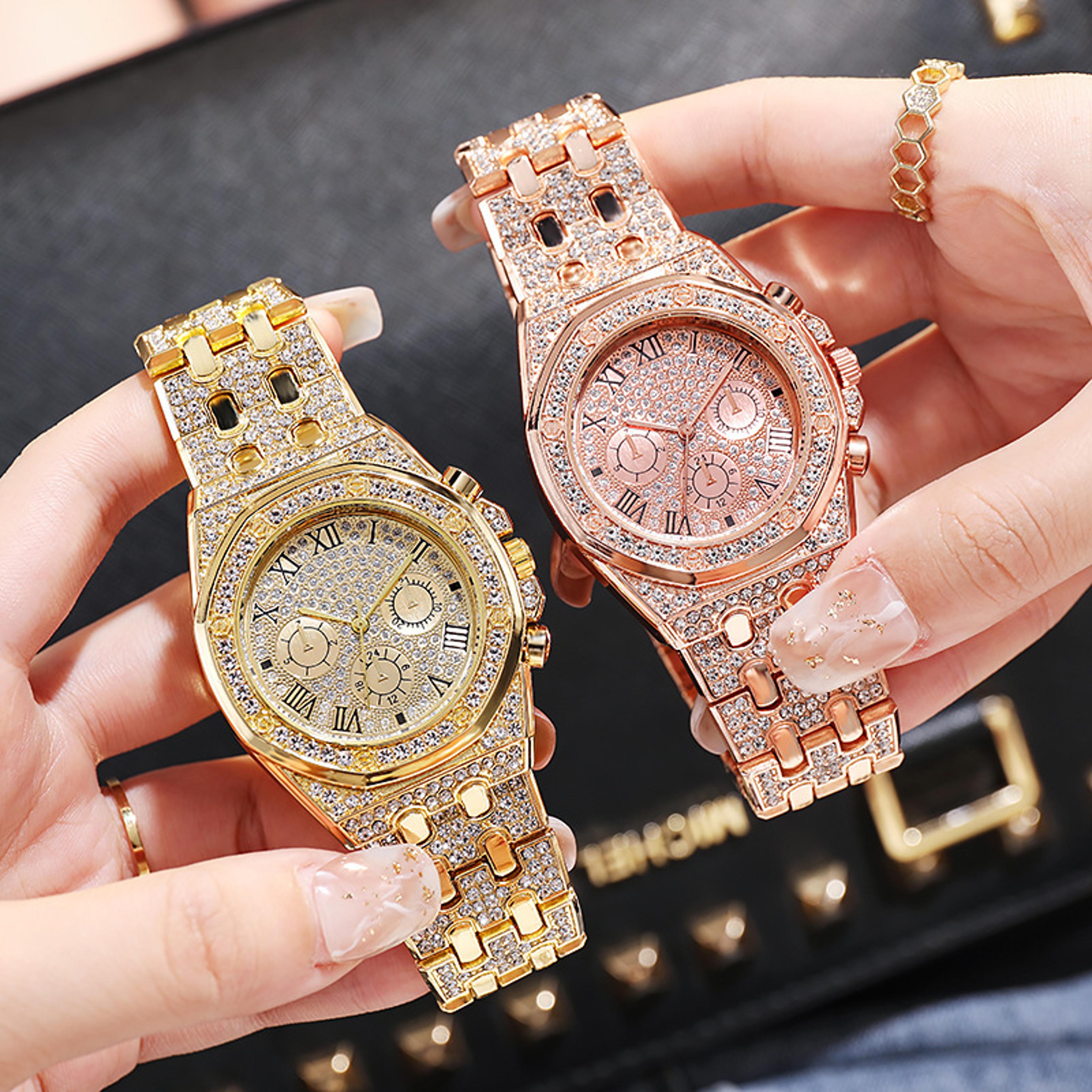 women's quartz watch with rhinestone dial & stainless steel bracelet
