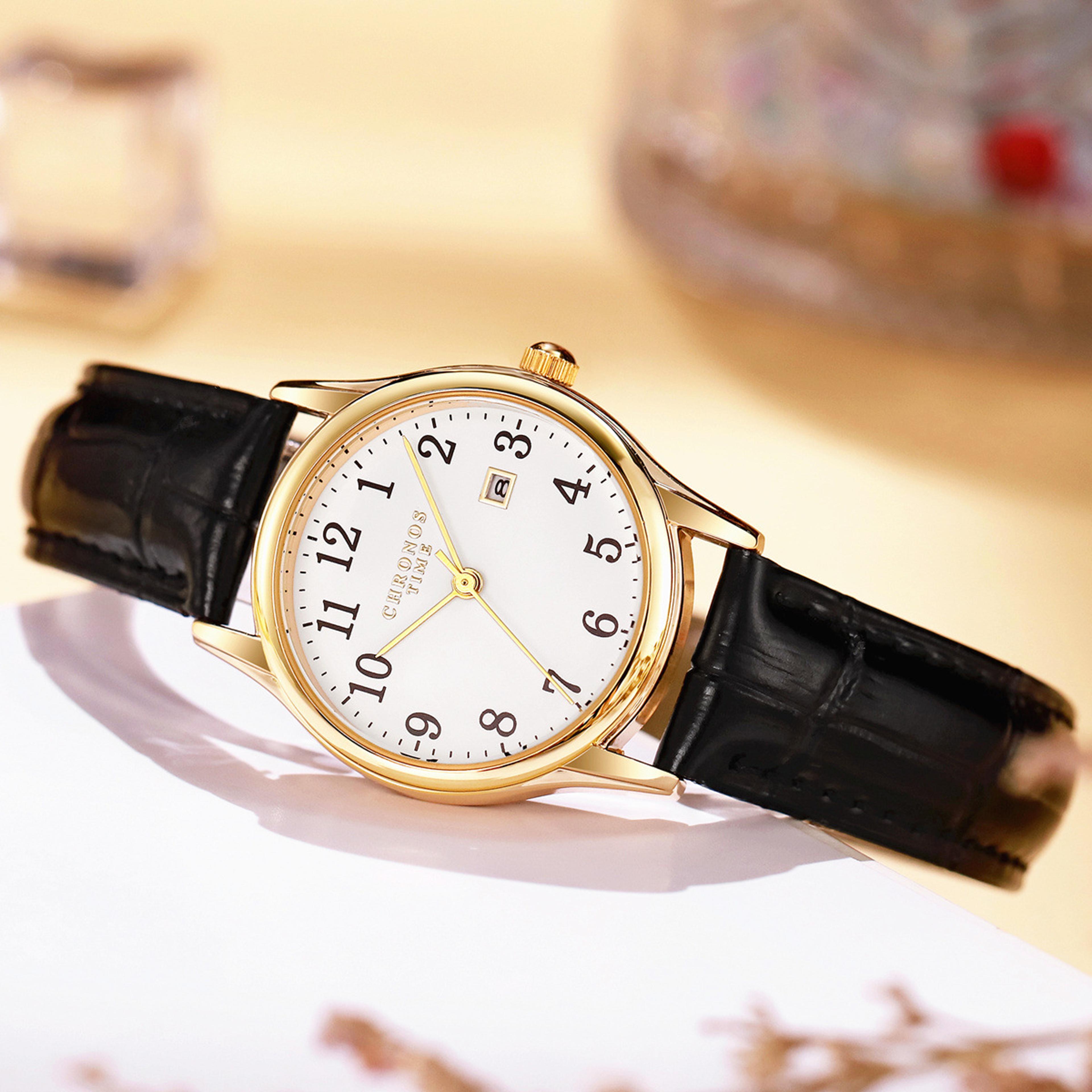 luxury women's watch with leather strap watch design & date display