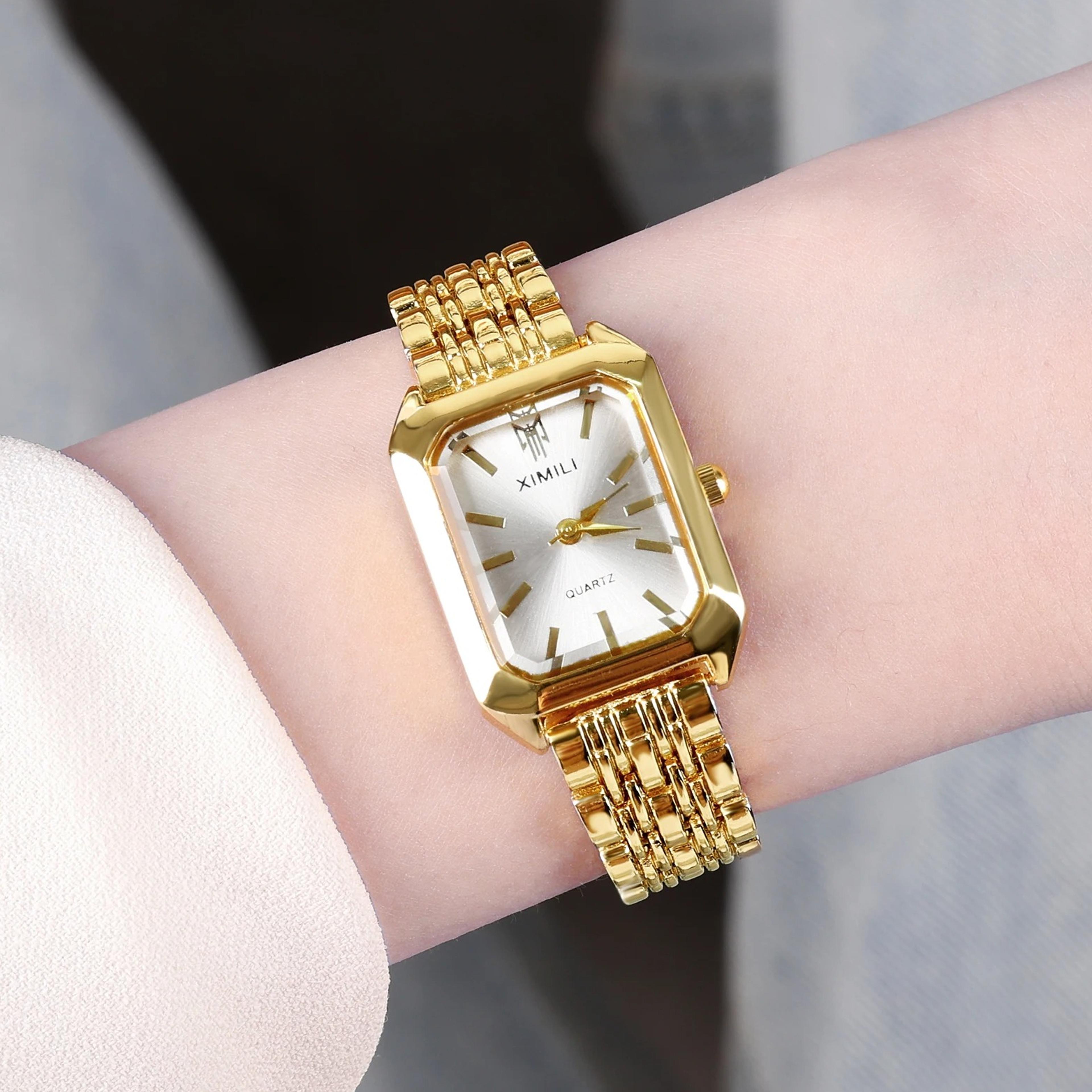 luxury women's square watch with gold stainless steel strap & quartz movement