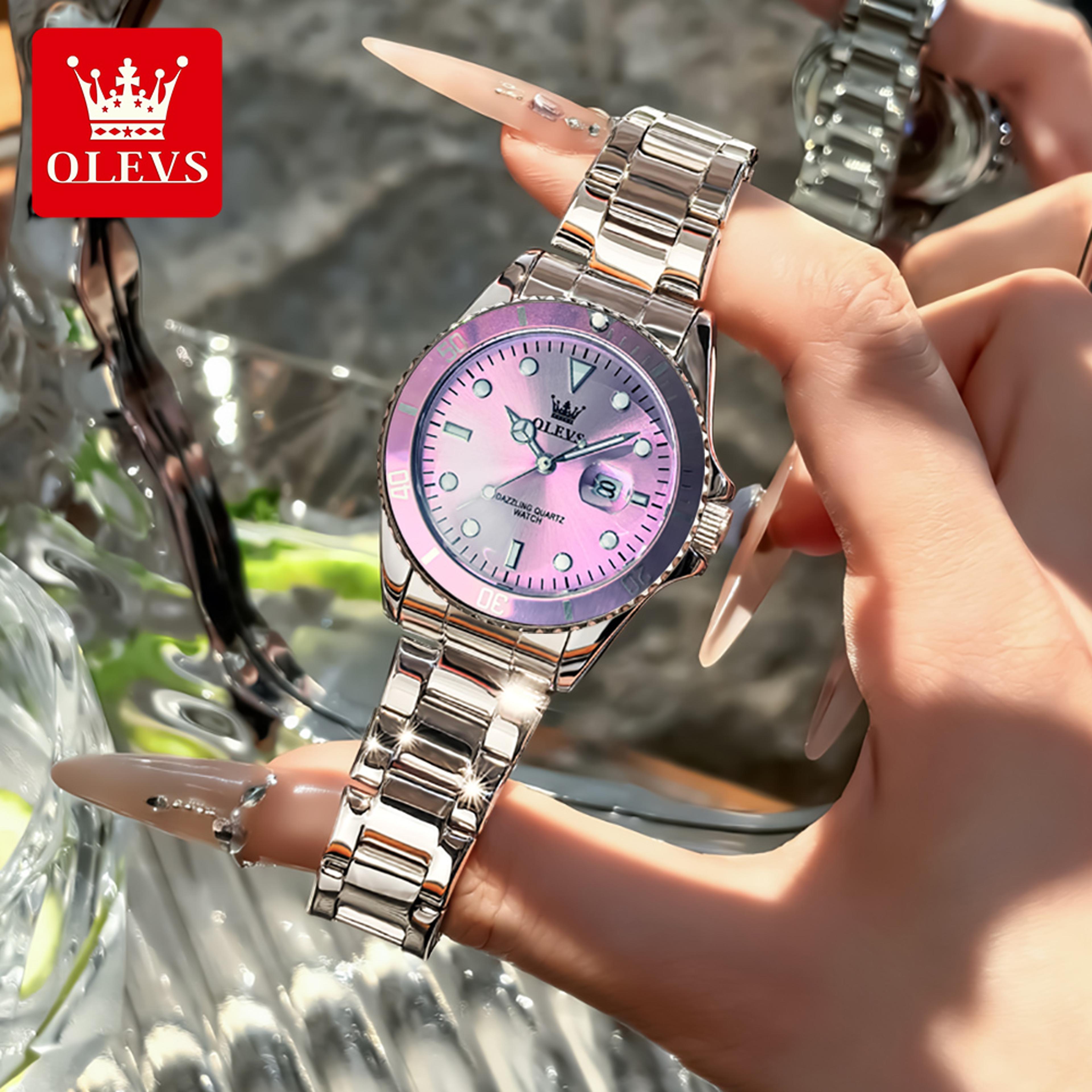 women's quartz watch with rotating dial & stainless steel waterproof bracelet