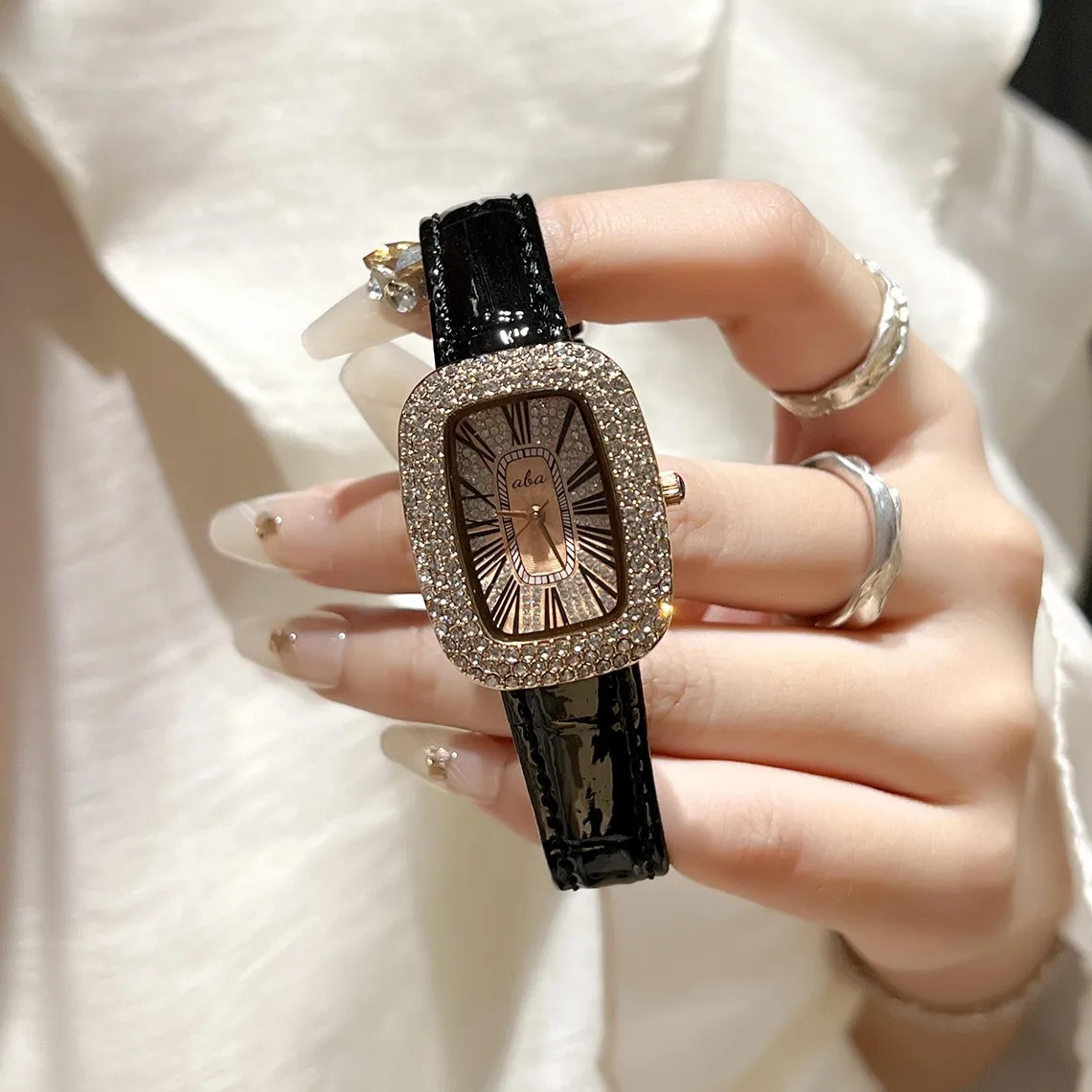 vintage women's leather strap watch with sparkly zircon crystal dial & quartz watch movement