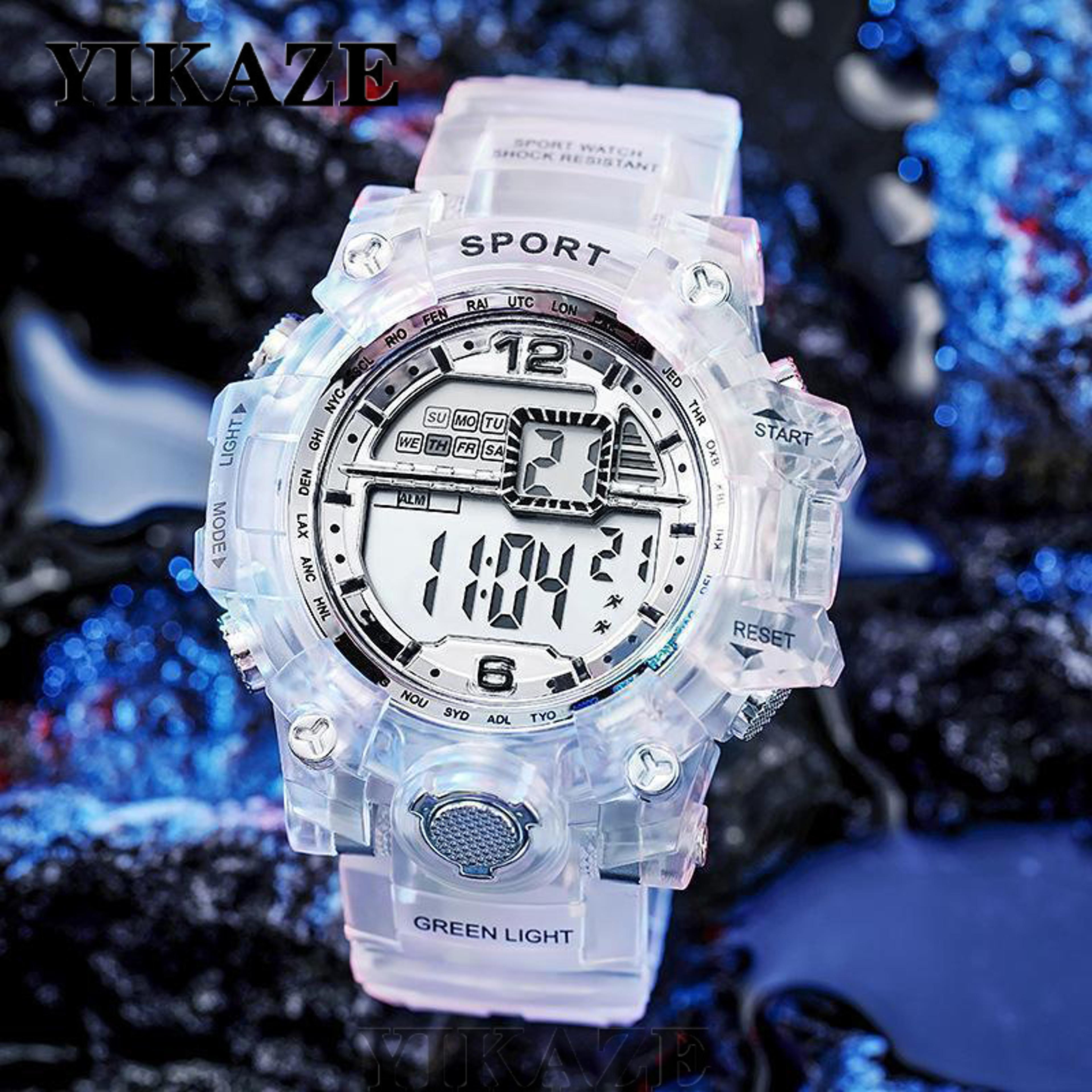 digital sports watch with transparent design, led display & waterproof unisex silicone strap