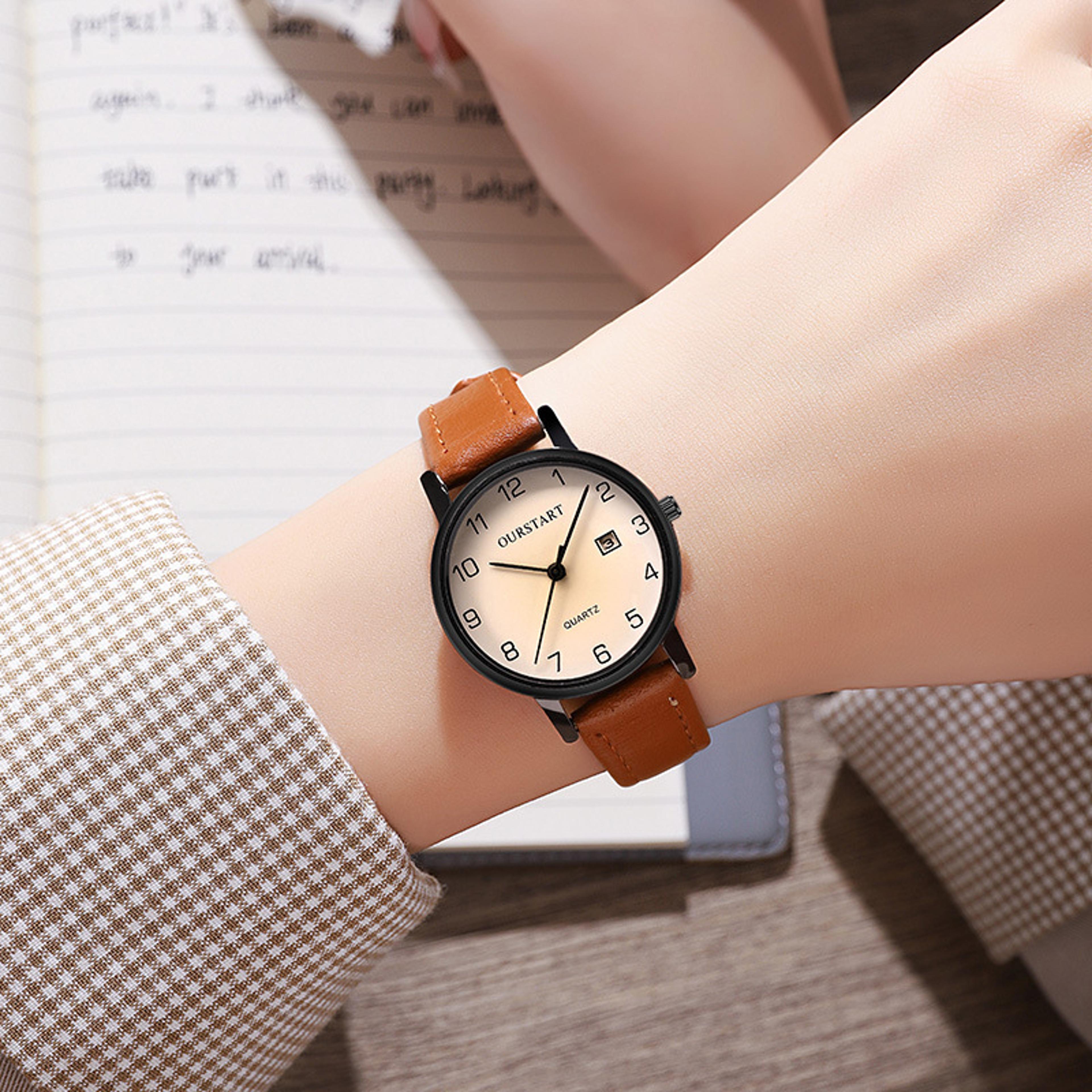 elegant women's quartz watch with calendar casual leather strap analog wrist watch for everyday style