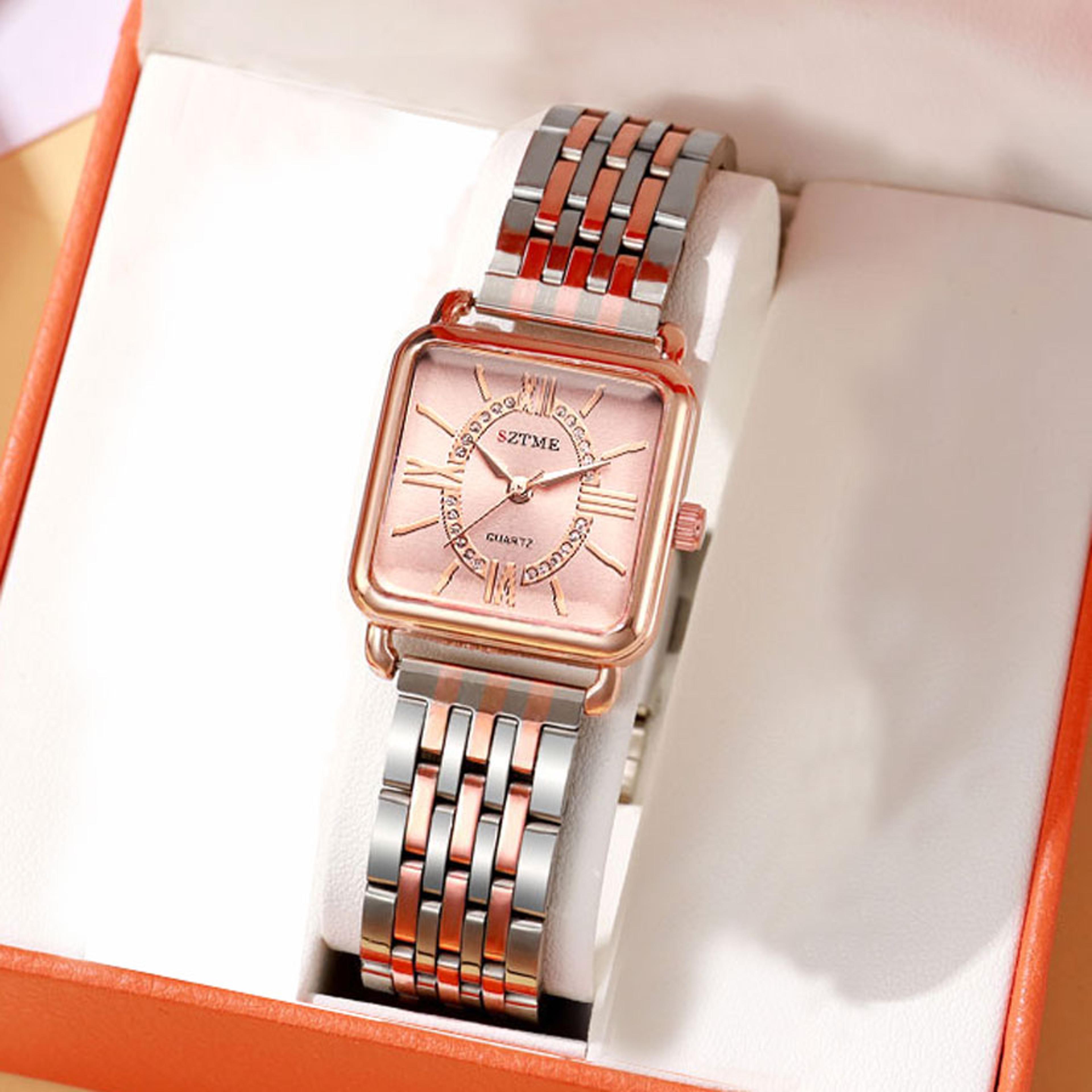 women's square watch rose gold stainless steel watch with roman dial quartz dress watch