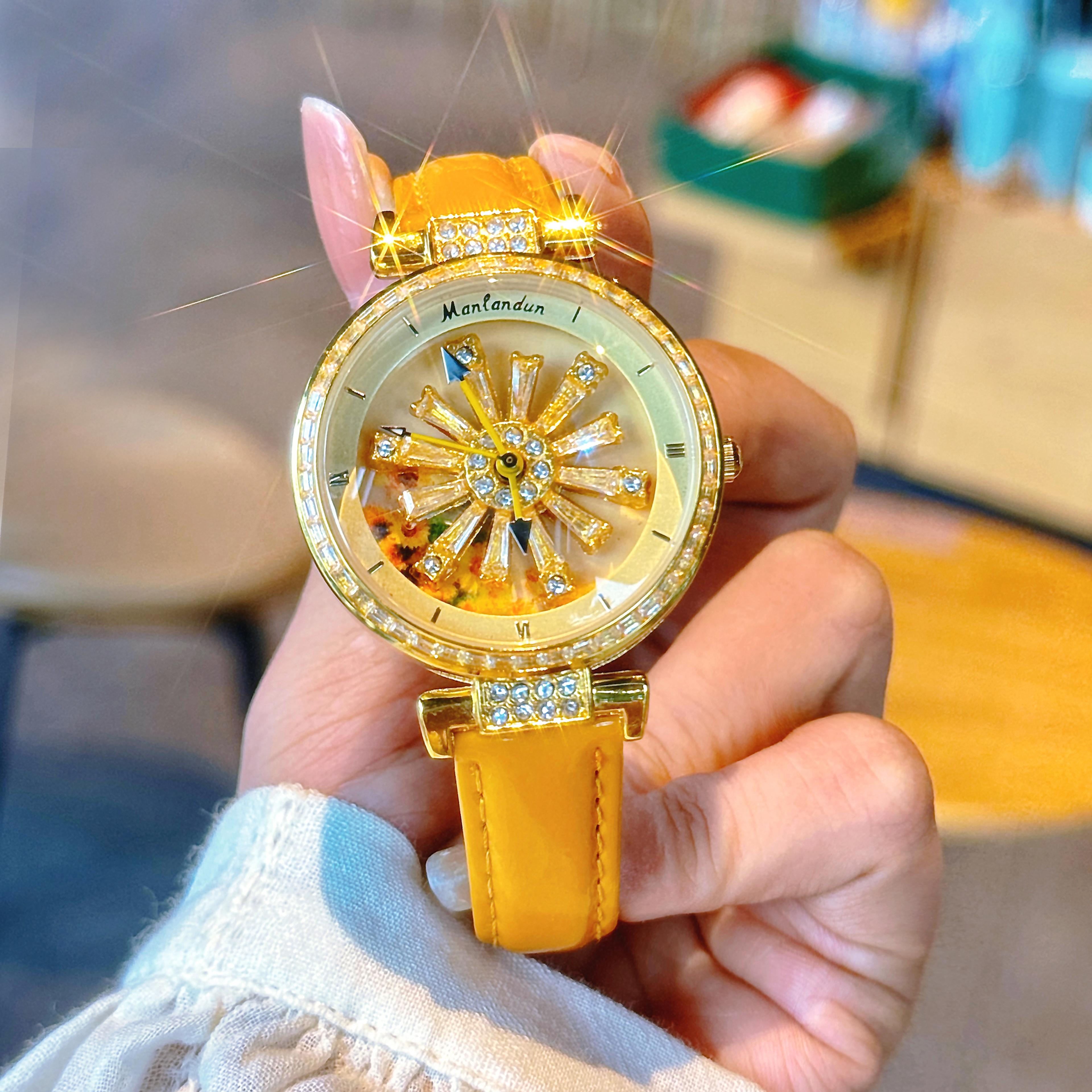 luxury women's quartz watch with rotating galaxy dial, diamond sunflower design & transparent back