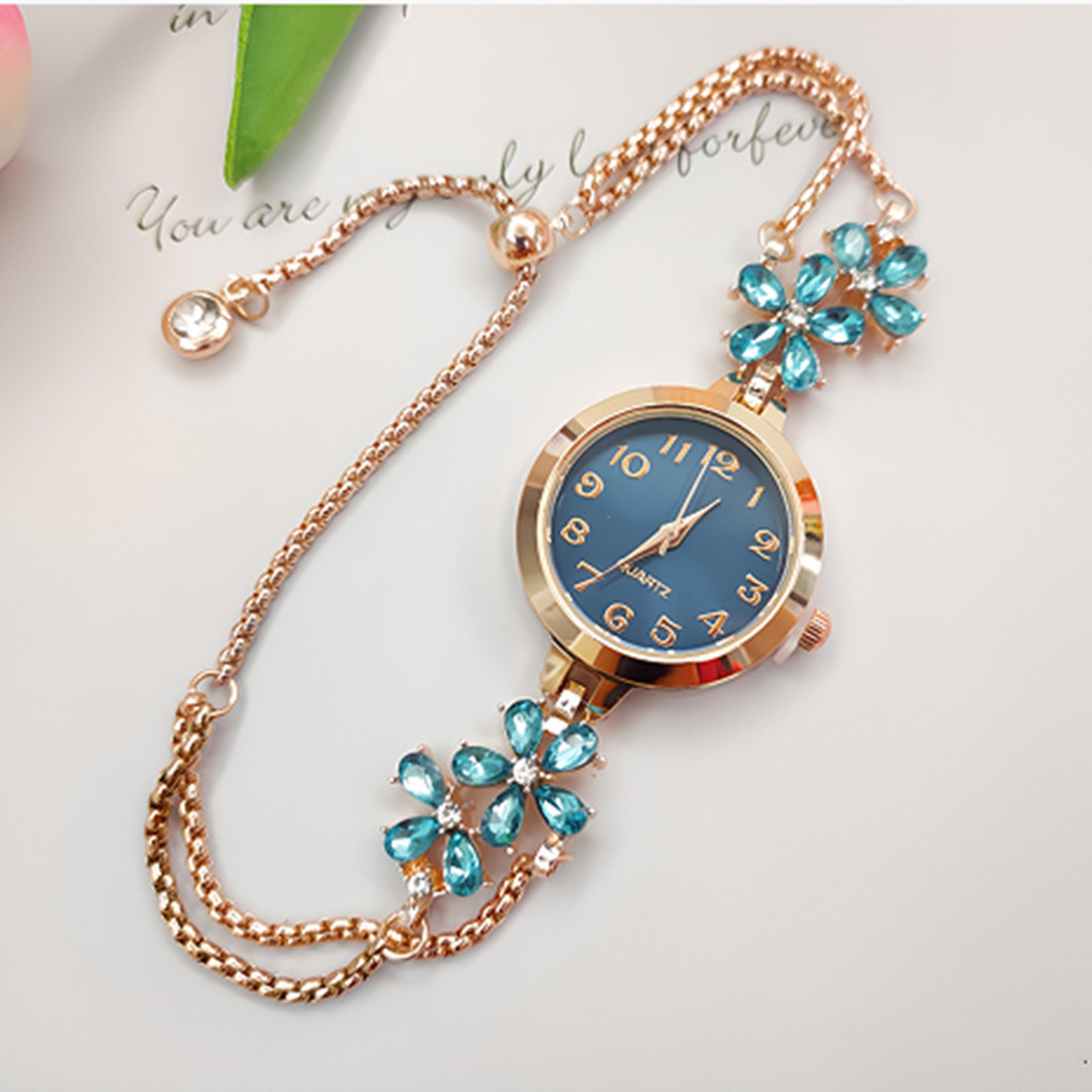 luxury floral rhinestone watch for women with bracelet quartz watch pull on band