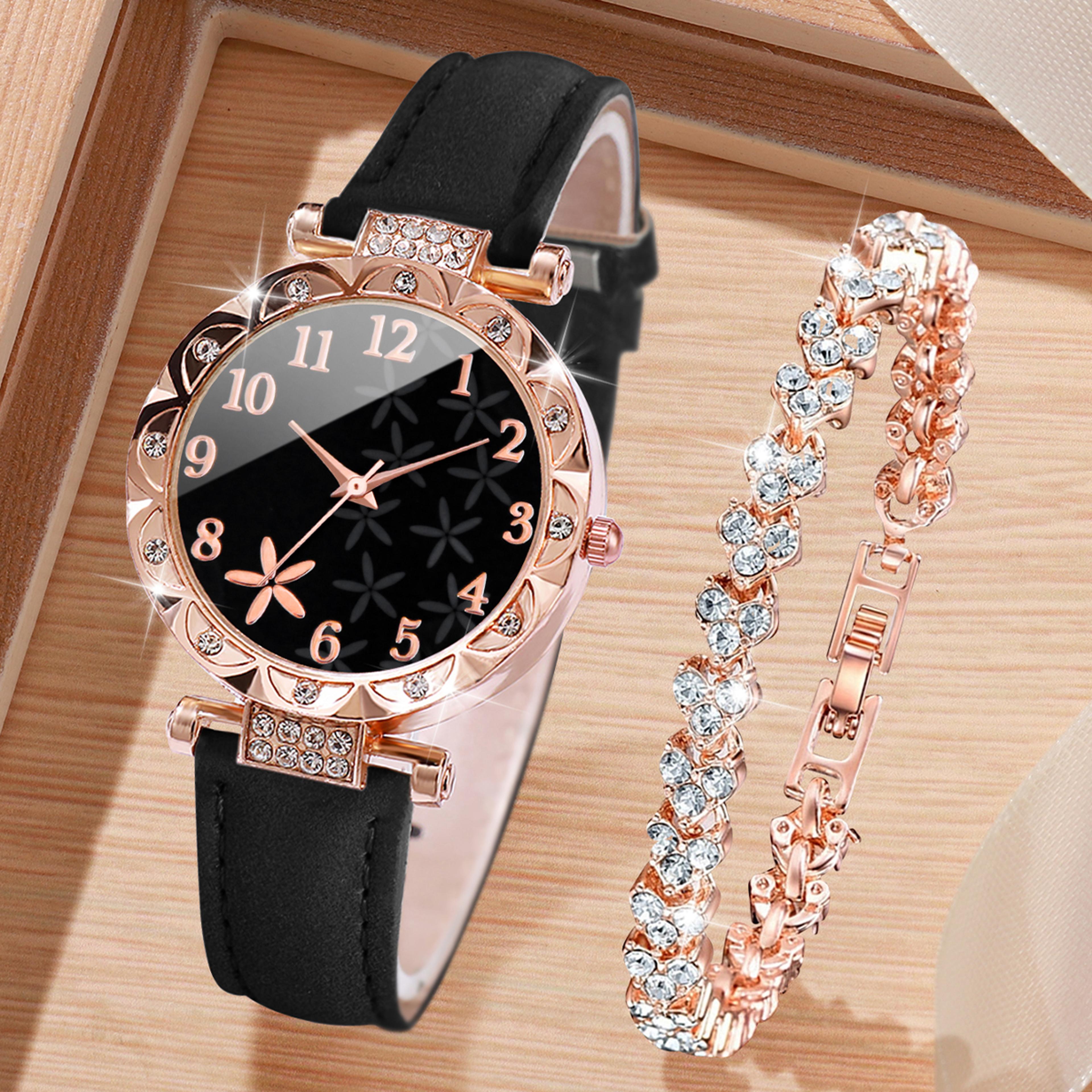 luxury rhinestone women's quartz watch & bracelet set with leather band gift for her