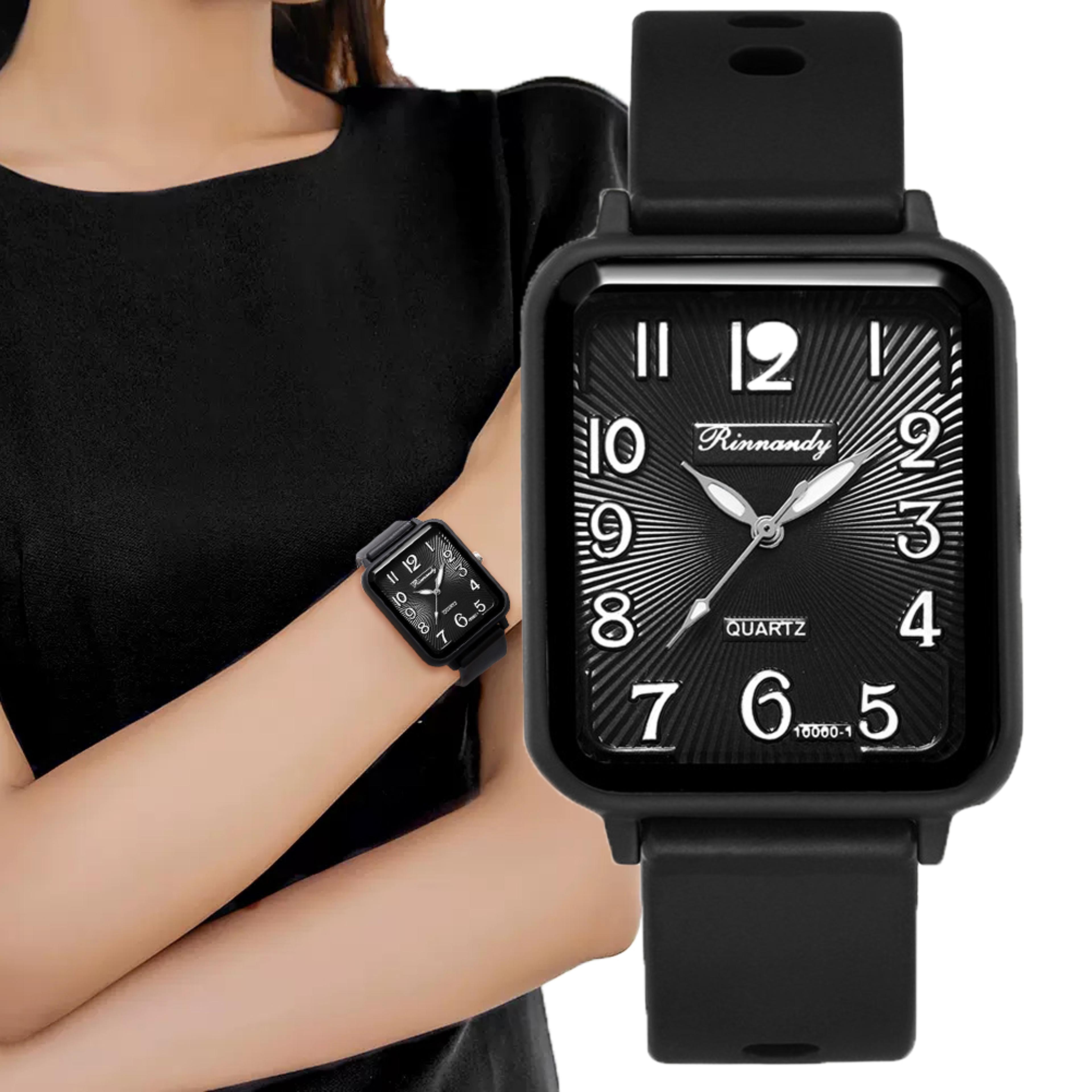minimalist women's quartz watch with rectangle dial & soft silicone strap