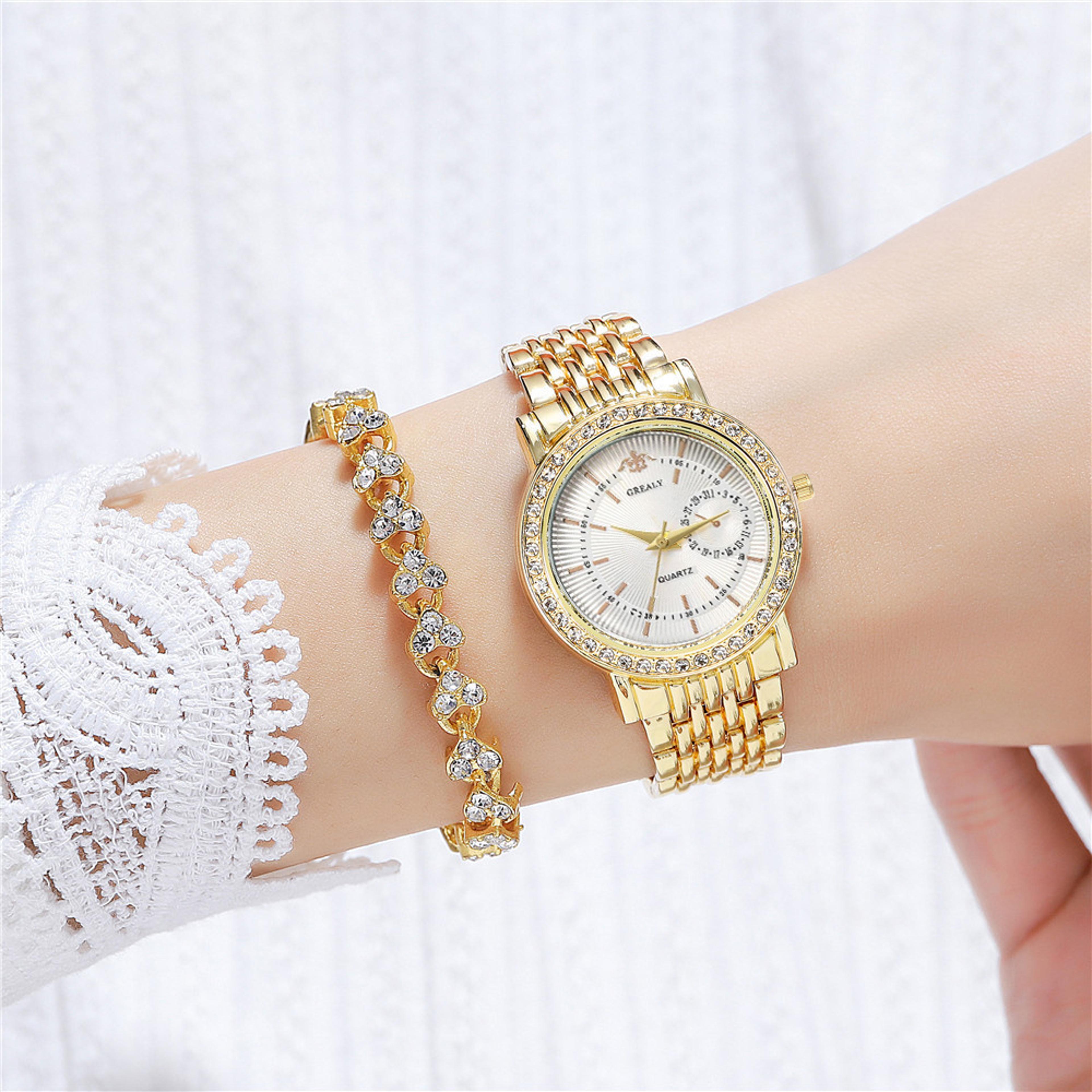 luxury women's gold watch with diamond bracelet elegant quartz dress watch