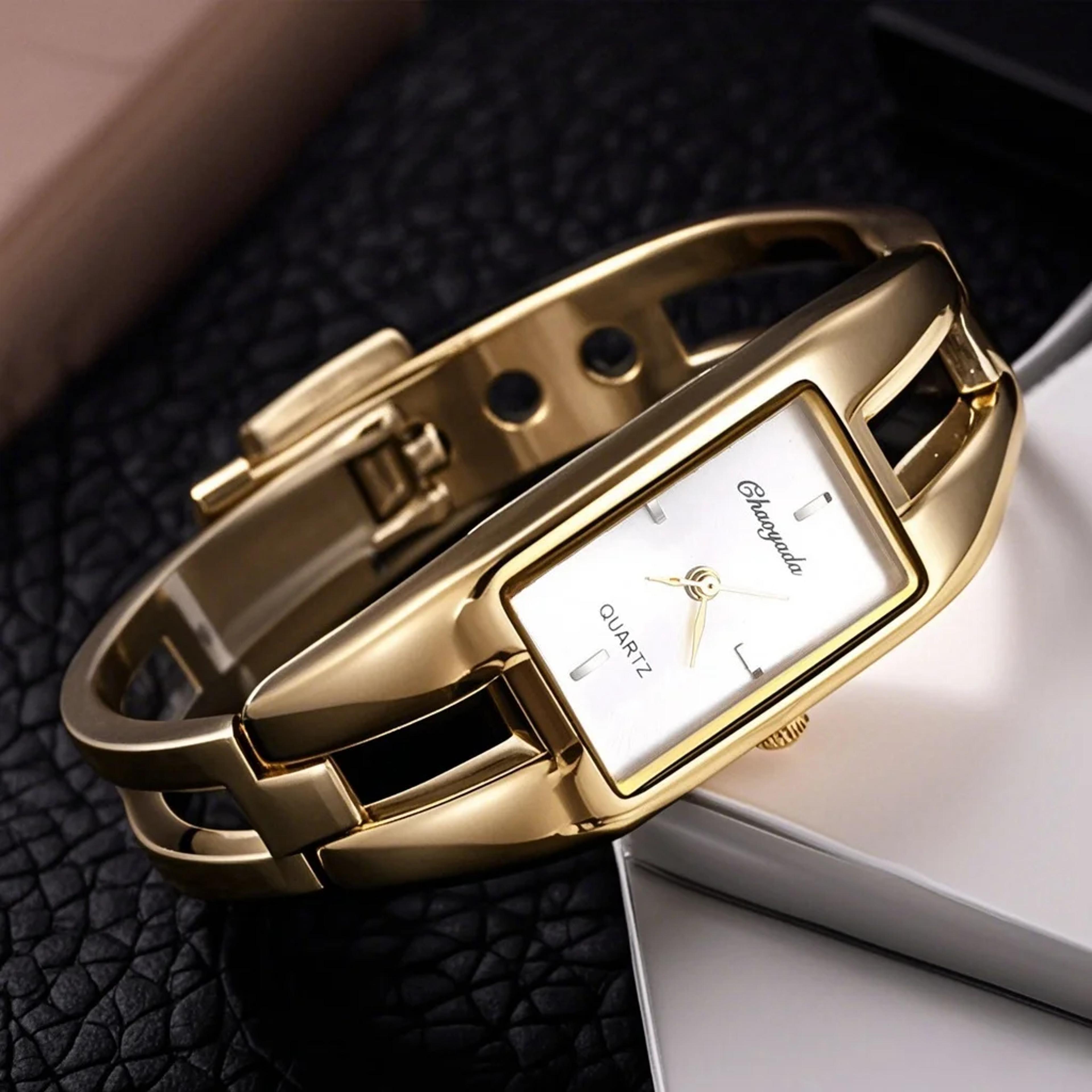 luxury rectangle gold bracelet watch for women elegant quartz stainless steel bangle wrist watch