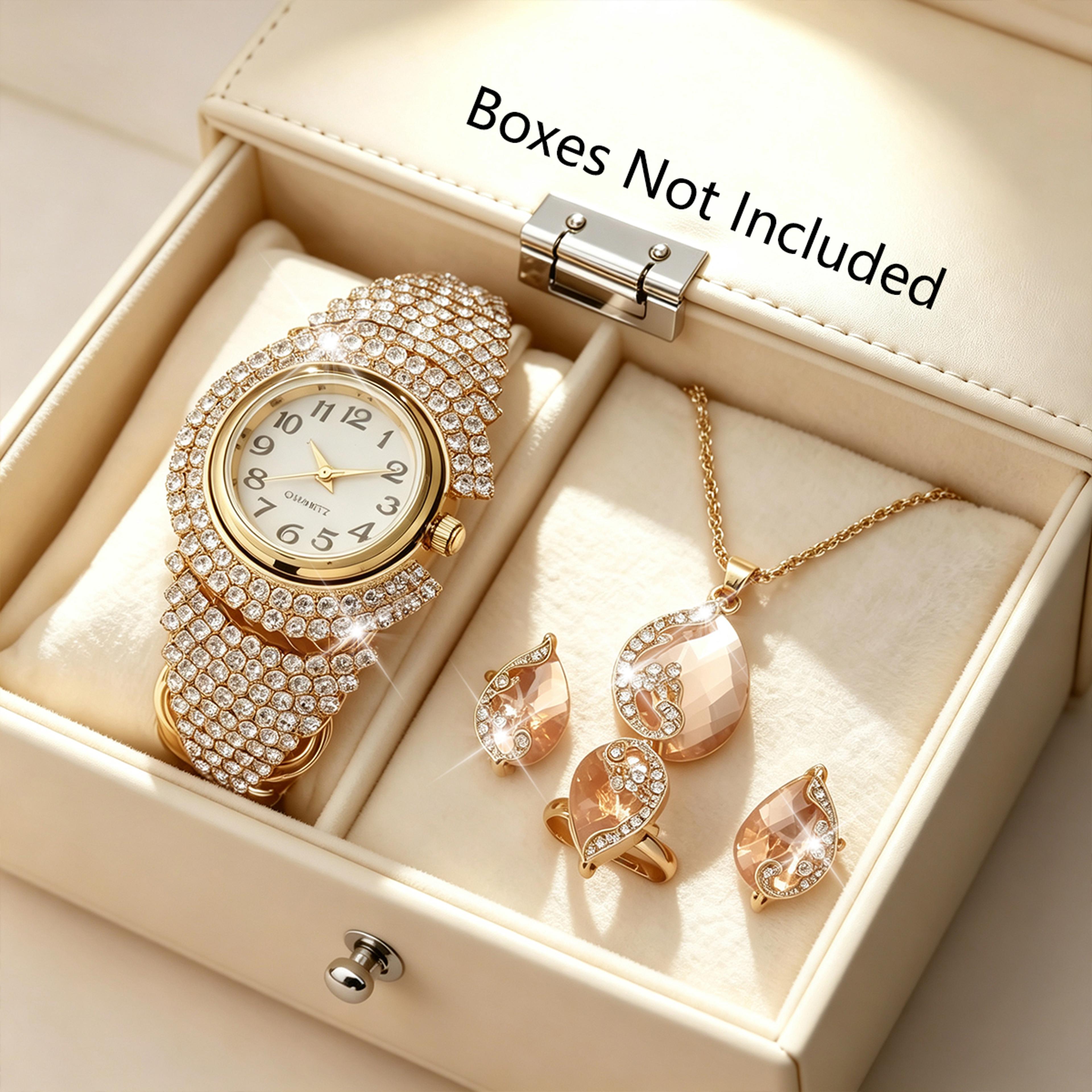luxury women's jewelry set with quartz watch, crystal necklace, earrings, ring & bangle gift set