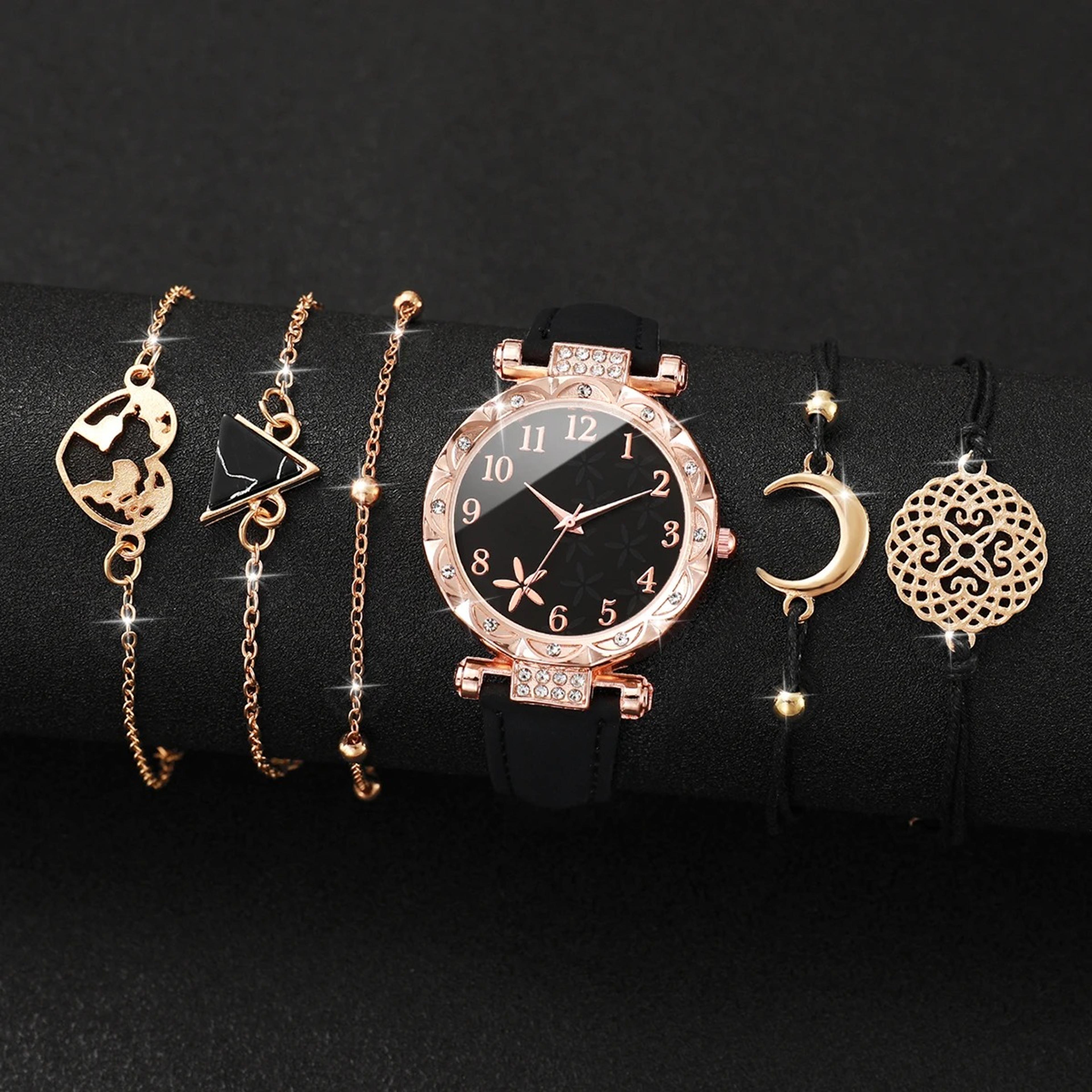 women's watch set with leather strap quartz watch and matching bracelets