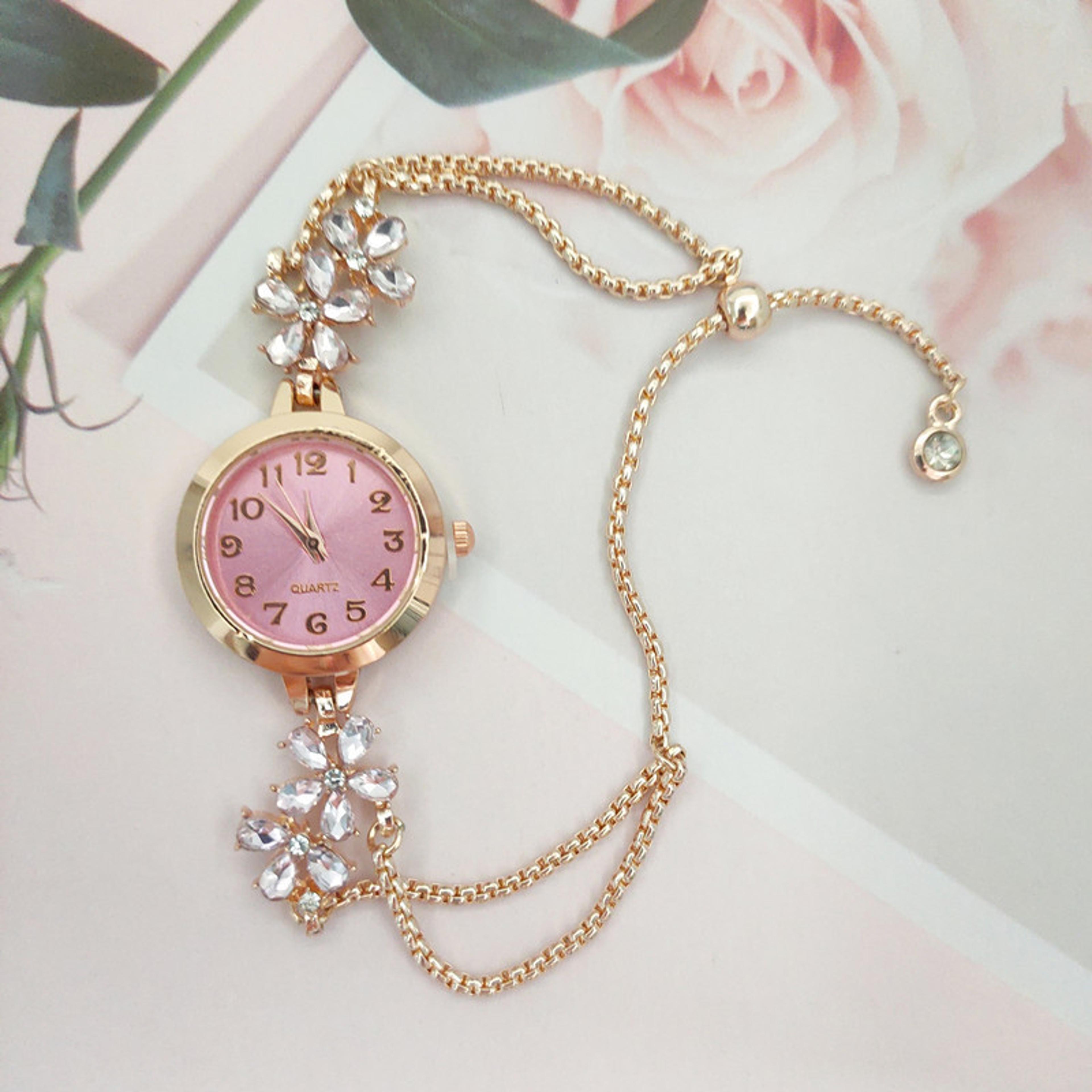 elegant women's quartz watch with floral diamond accent & adjustable drawstring bracelet