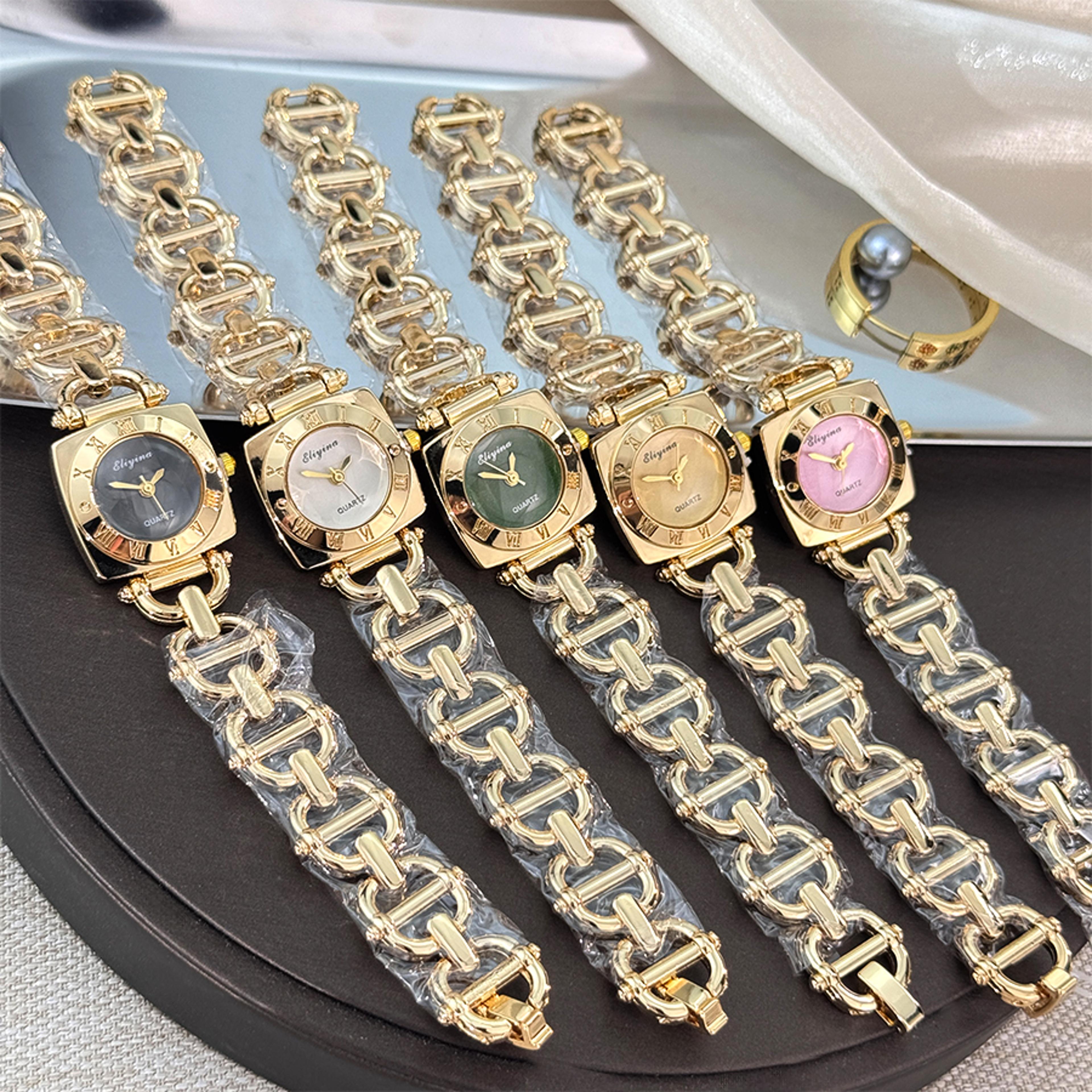 luxury women's square watch with skeleton dial, roman numerals & quartz movement