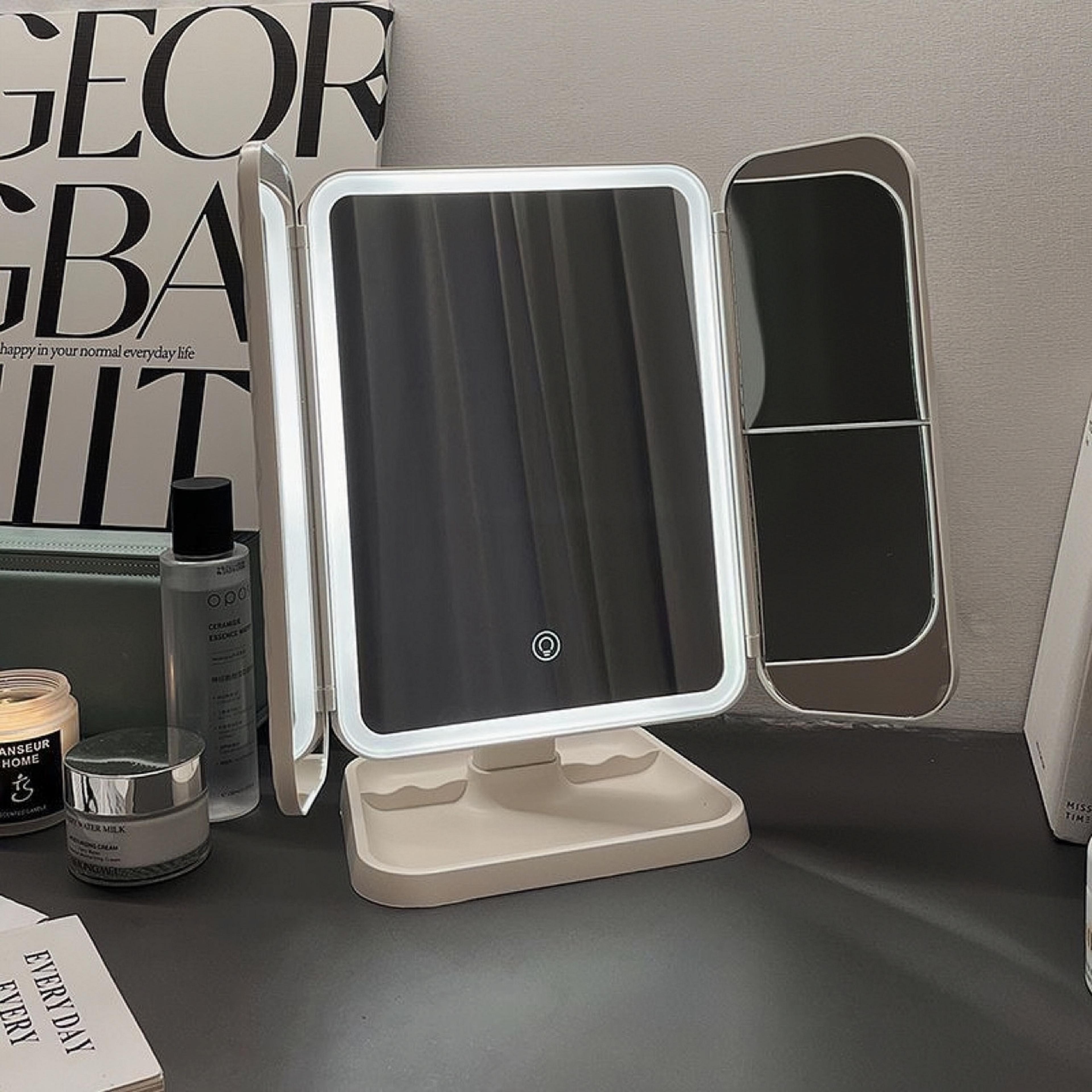 tri fold led makeup mirror with adjustable panels for flawless beauty & grooming