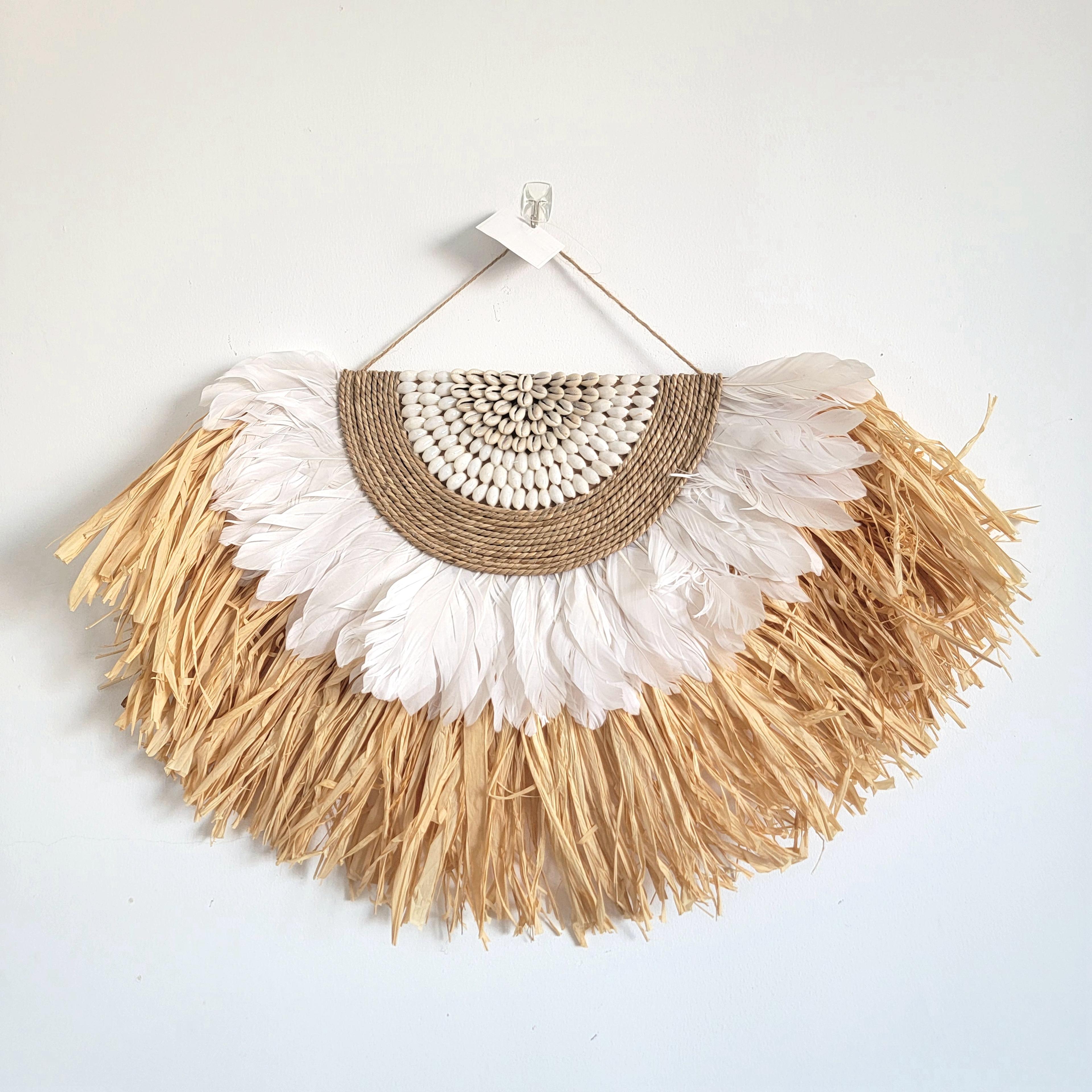 boho raffia wall decor handmade natural fiber feather wall hanging art