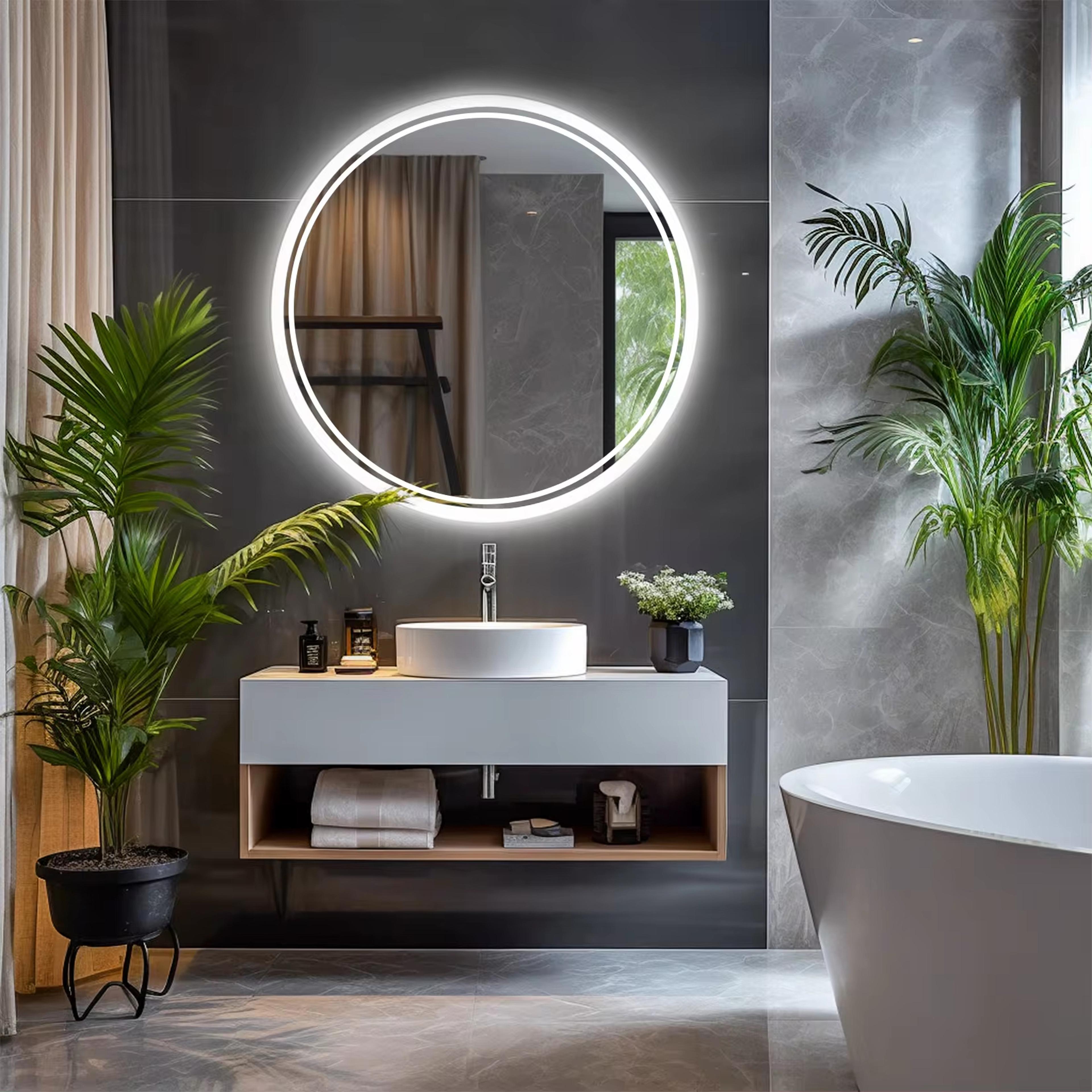 smart led bathroom mirror with backlit touch light, anti fog round wall mounted vanity mirror