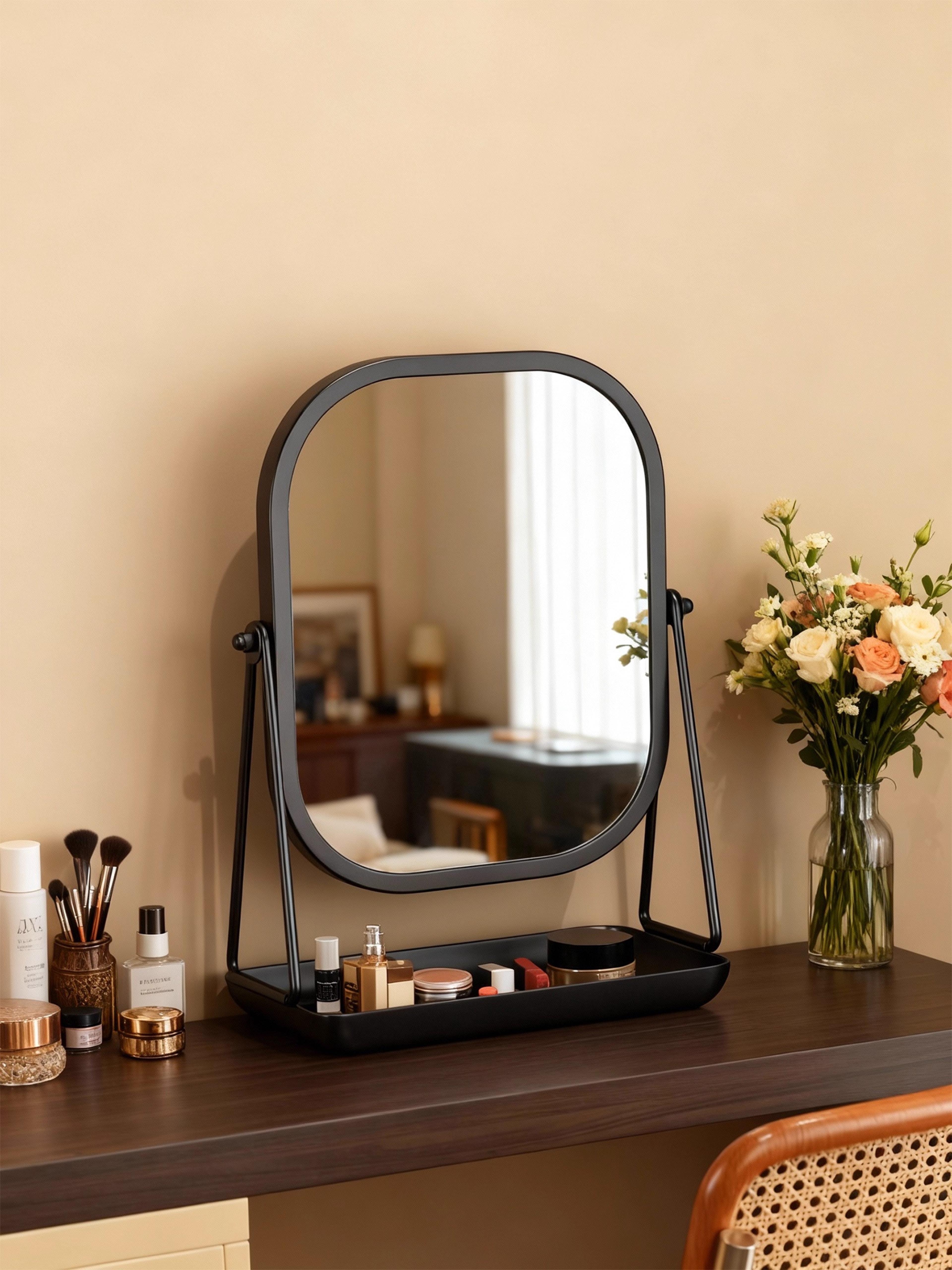 luxury rotating makeup mirror with storage base for vanity & dressing table