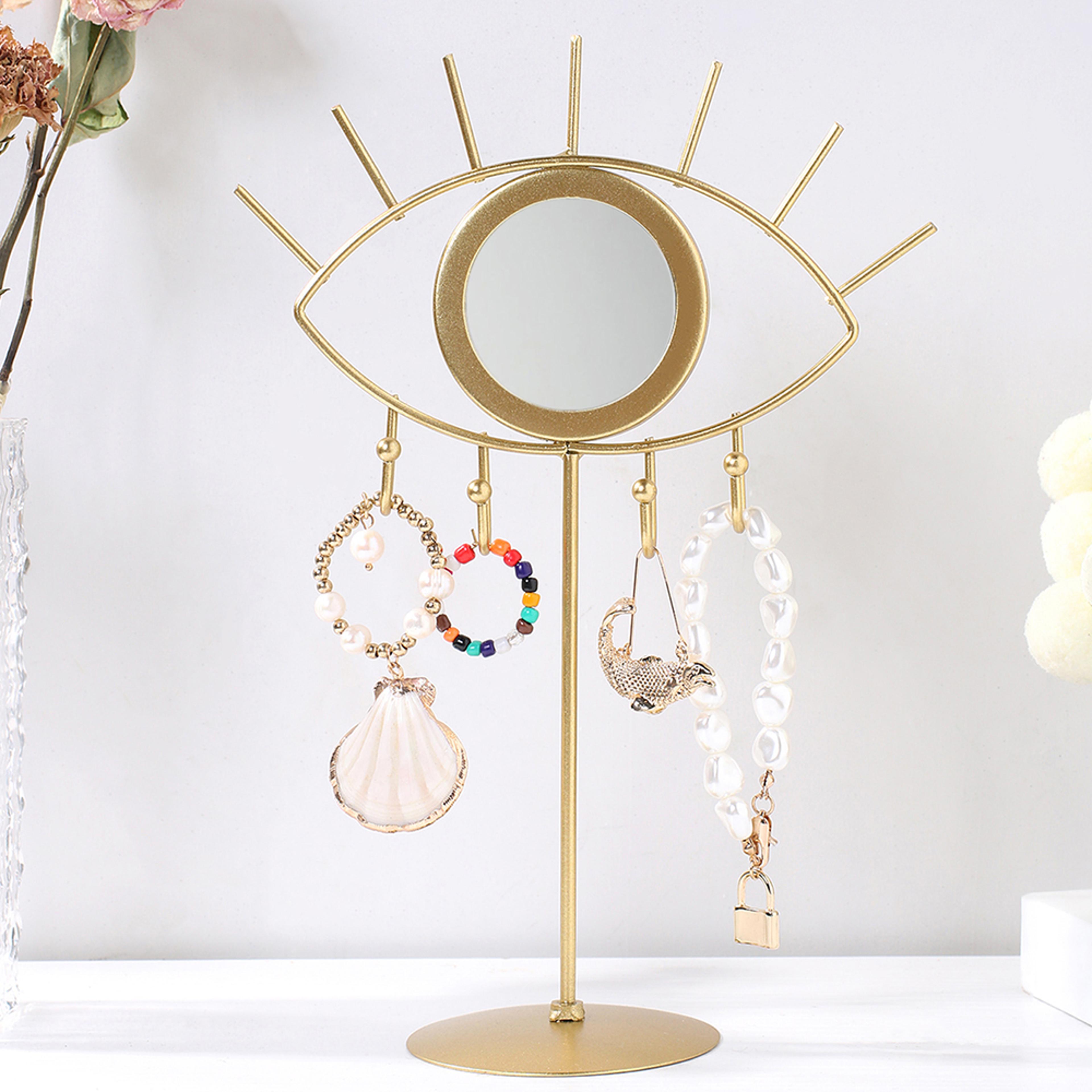 gold evil eye tabletop makeup mirror for vanity, boho decor accent & dressing table display