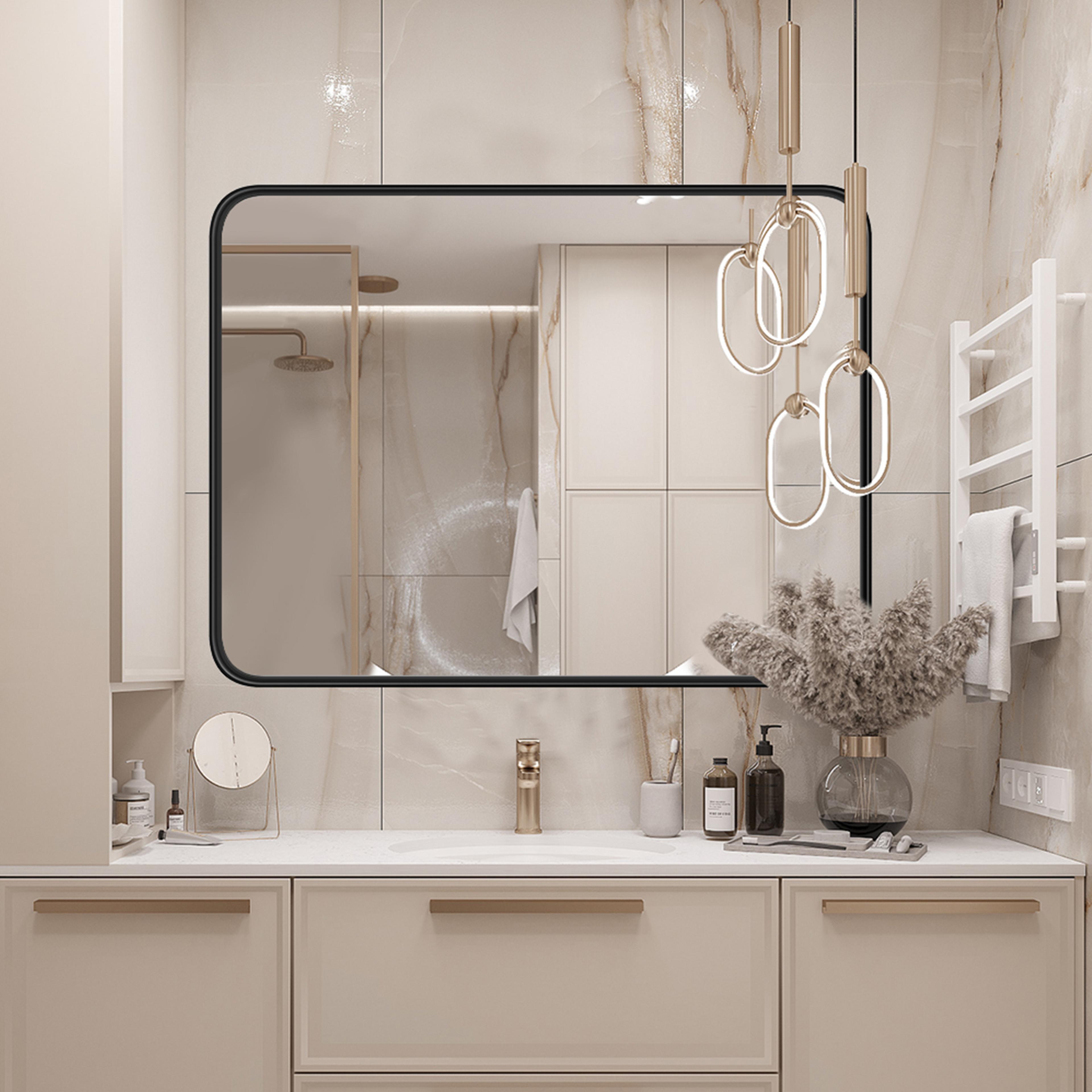 bathroom vanity mirror with matte metal framed mirror and tempered glass