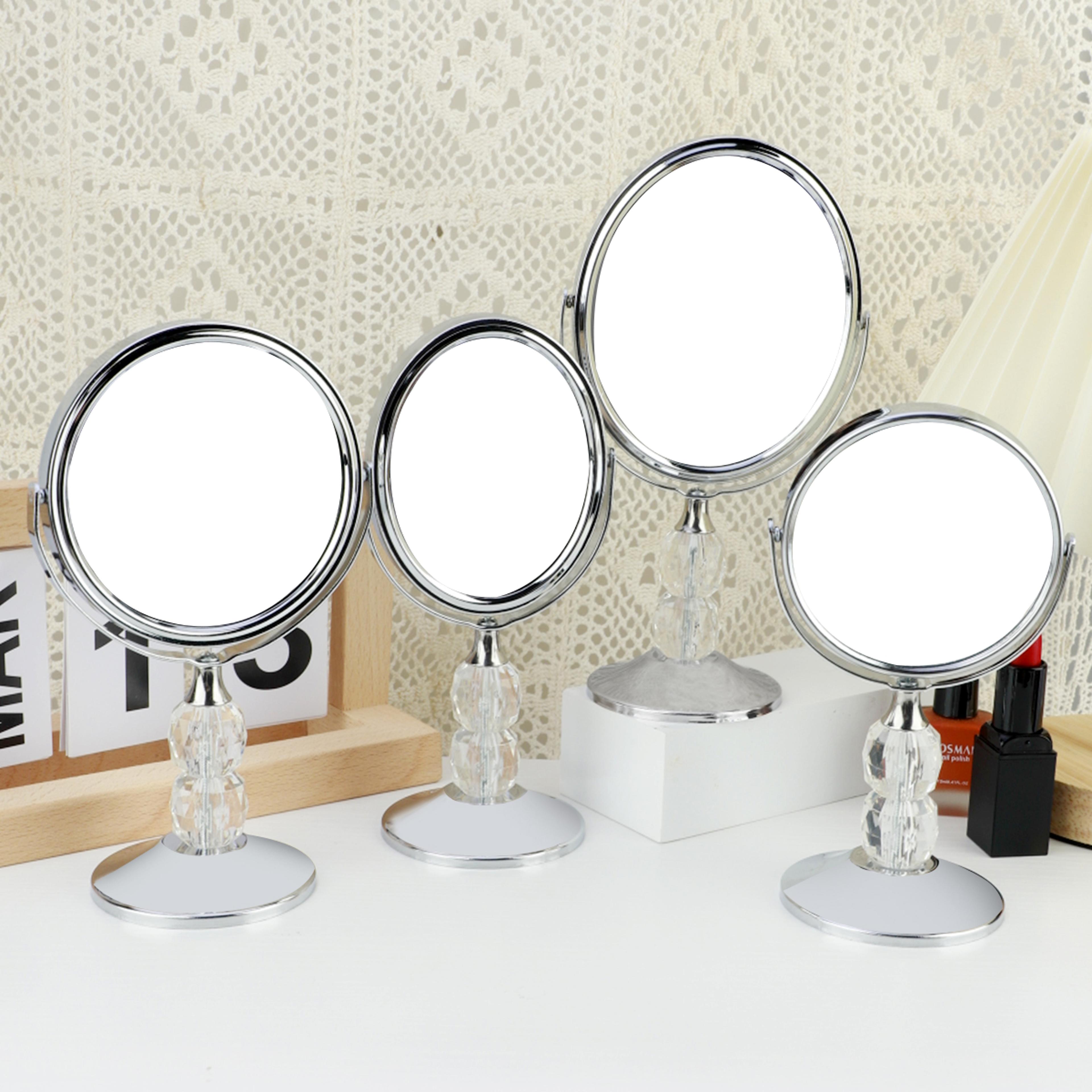 crystal handle makeup mirror with 360° rotating double sided vanity mirror stand
