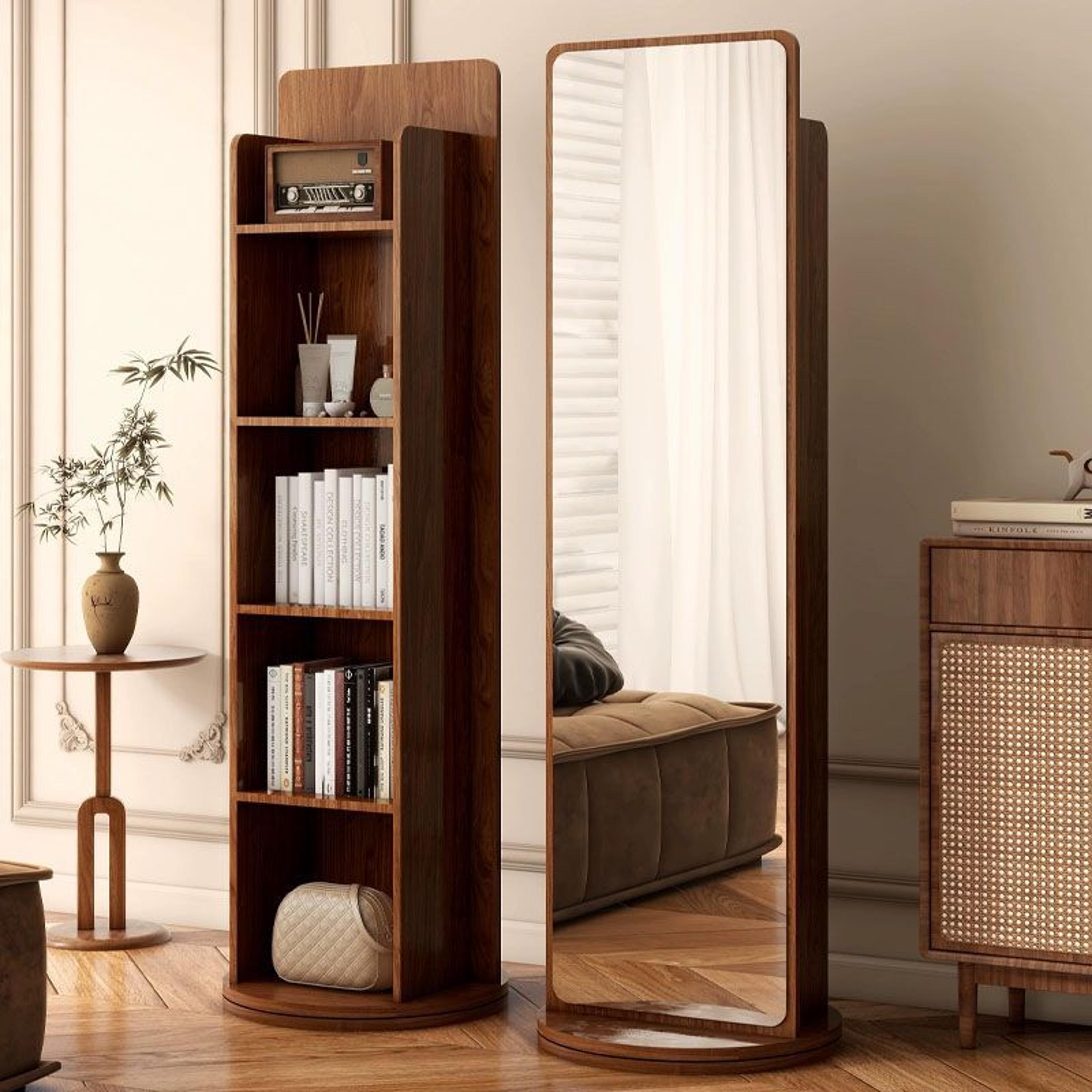 luxury full length floor mirror with rotating wooden frame & bookshelf storage