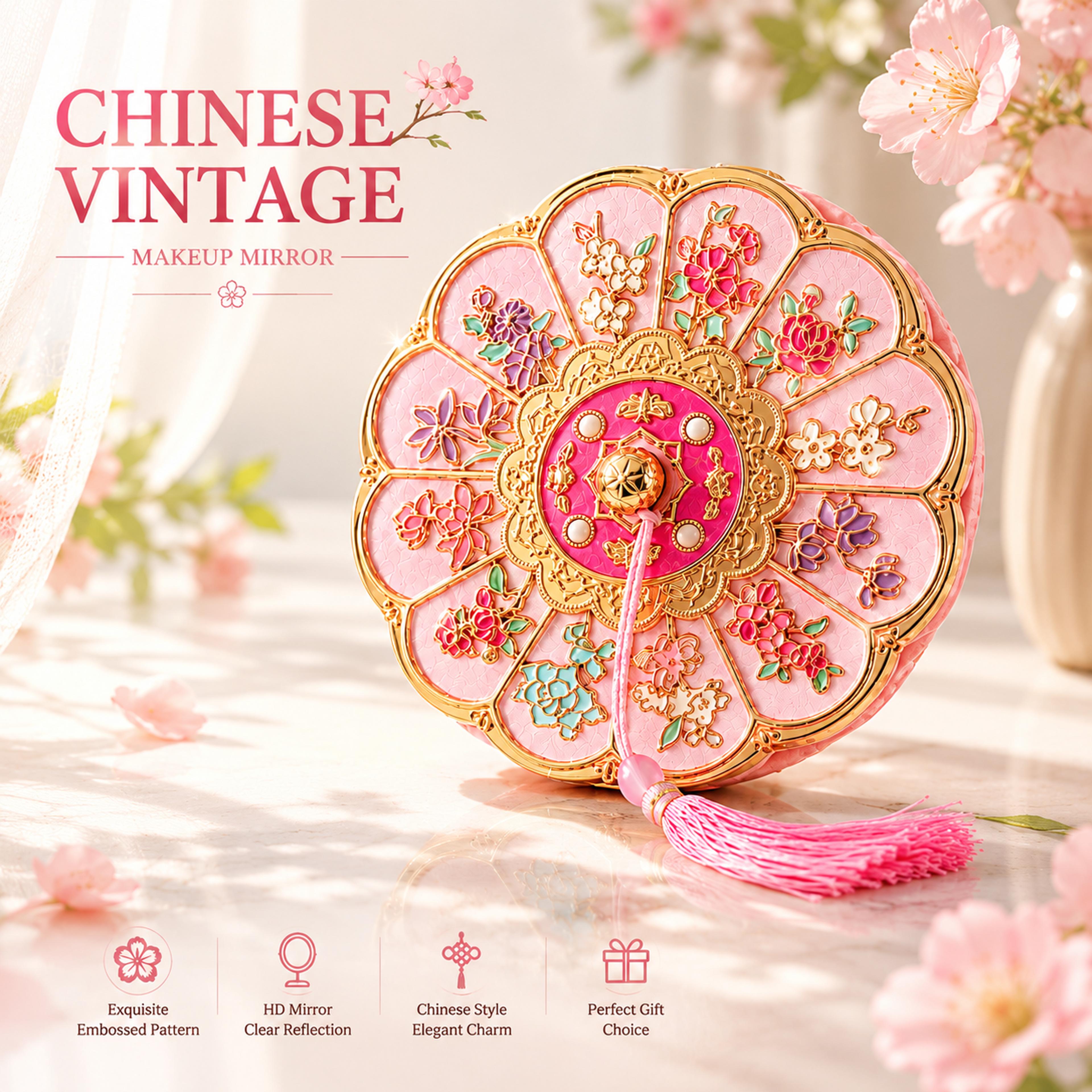 vintage chinese style portable makeup mirror with floral pattern handheld travel mirror