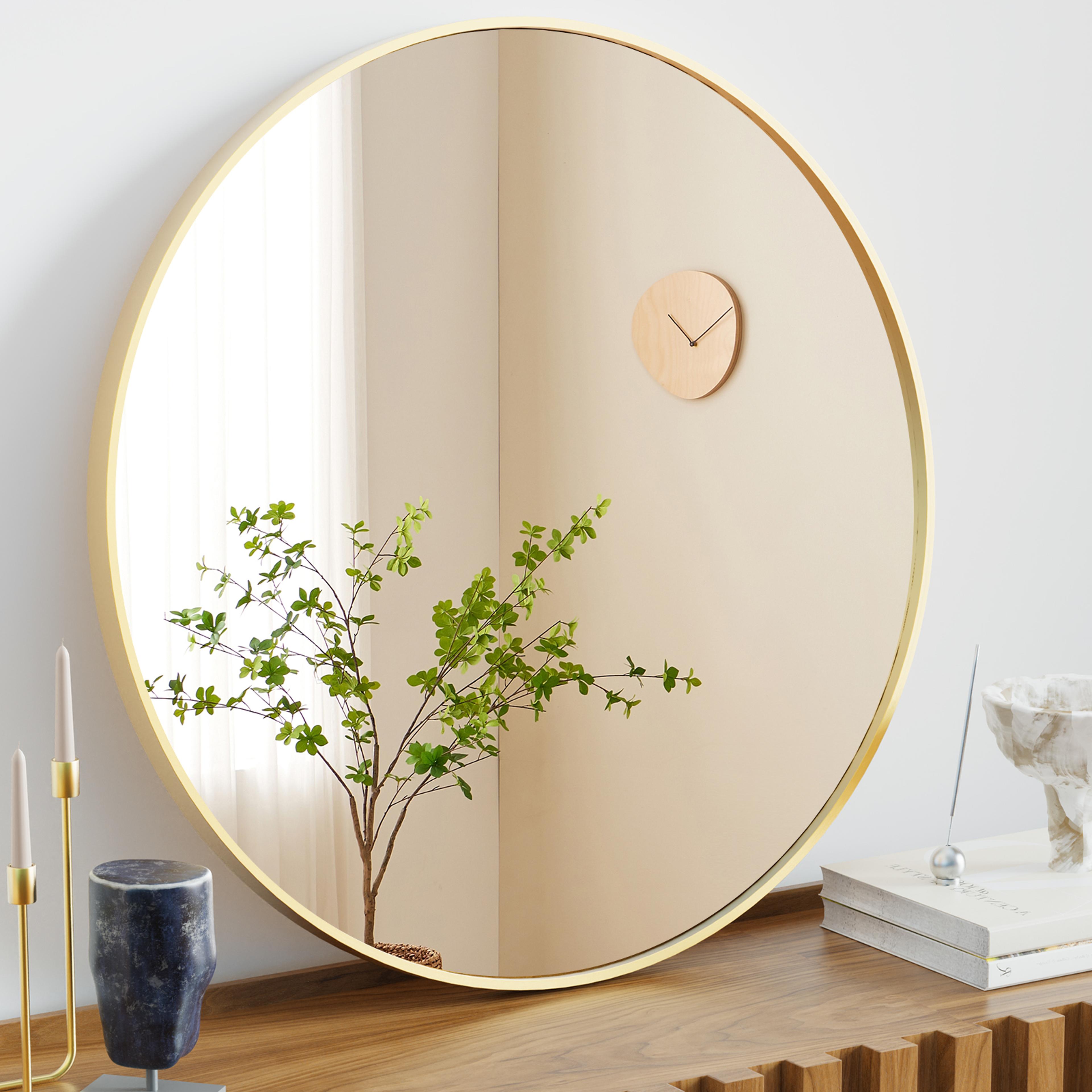 round wall mirror with matte gold frame for bathroom, bedroom & living room
