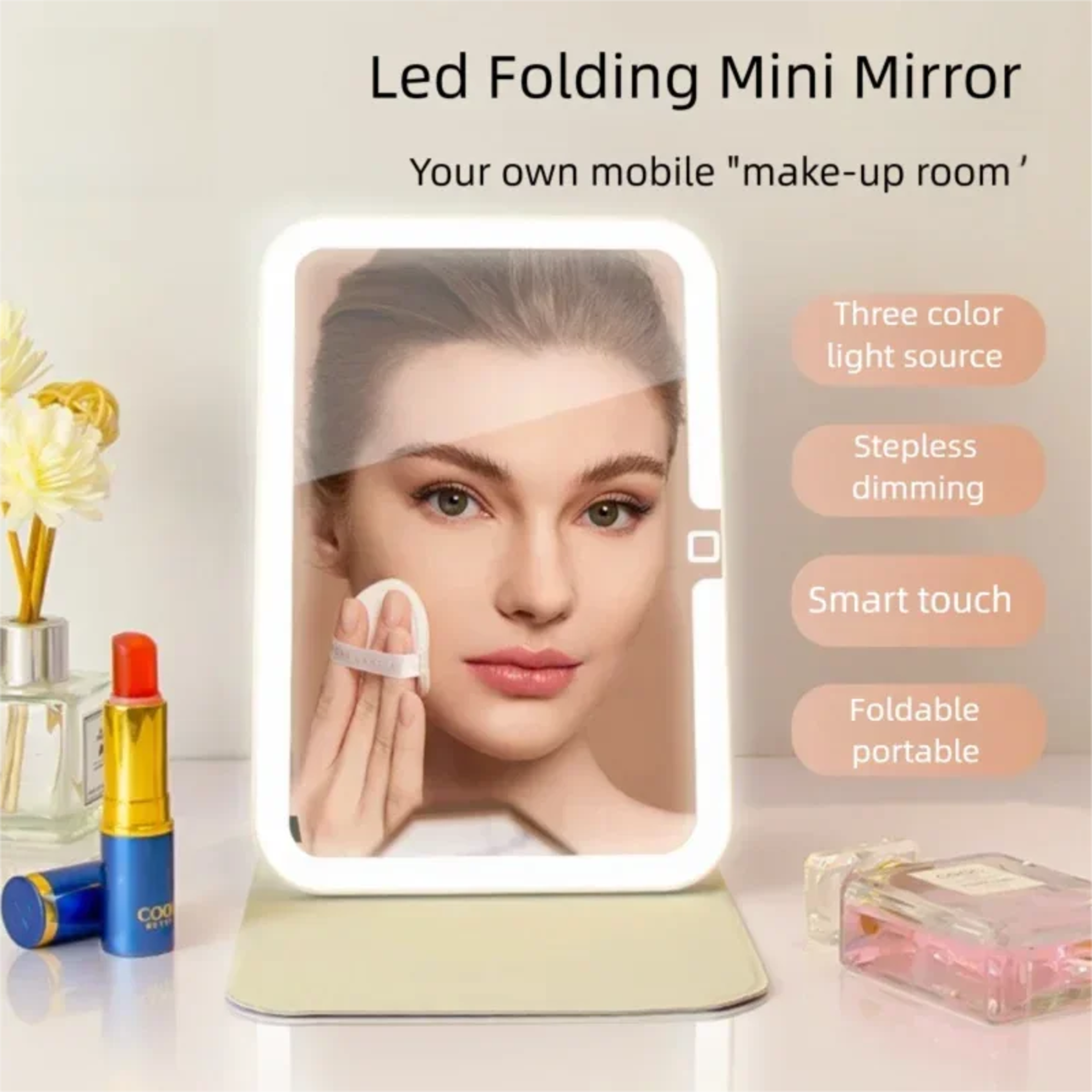 portable led makeup mirror with 3 color lights usb c rechargeable foldable travel vanity mirror