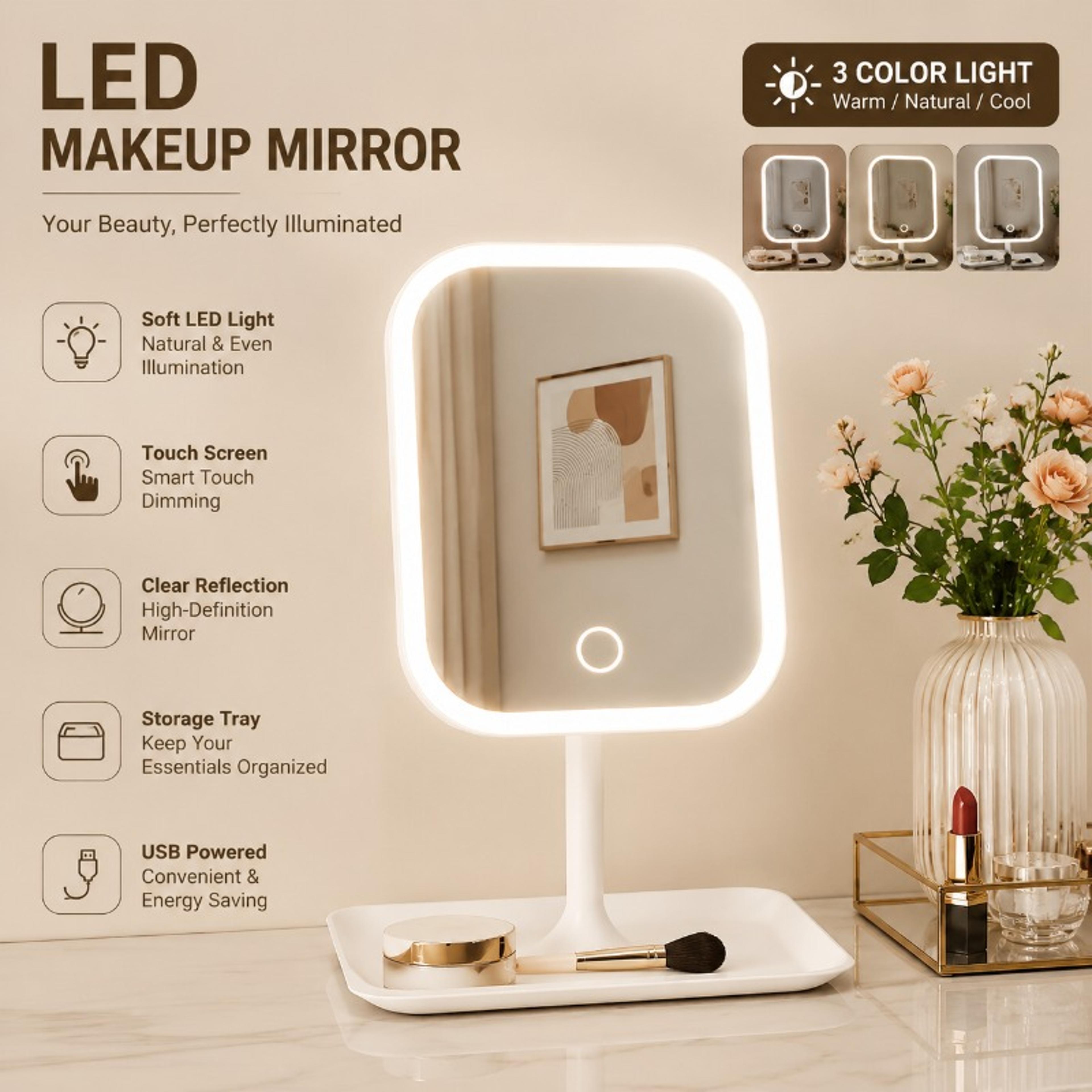touch control led makeup mirror with 3 light modes & storage tray portable lighted vanity mirror