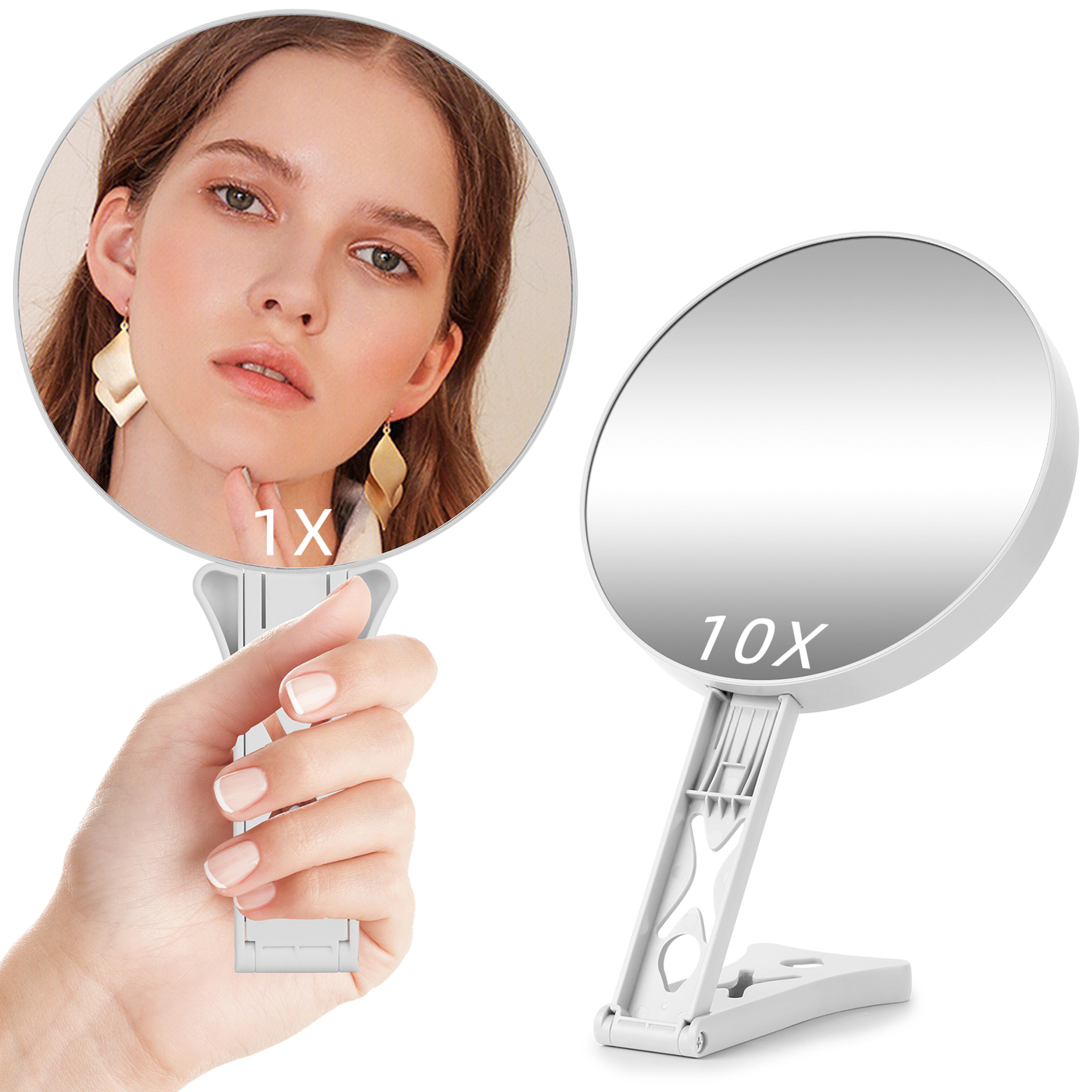 magnifying travel makeup mirror with handle double sided 1x and 10x portable vanity mirror