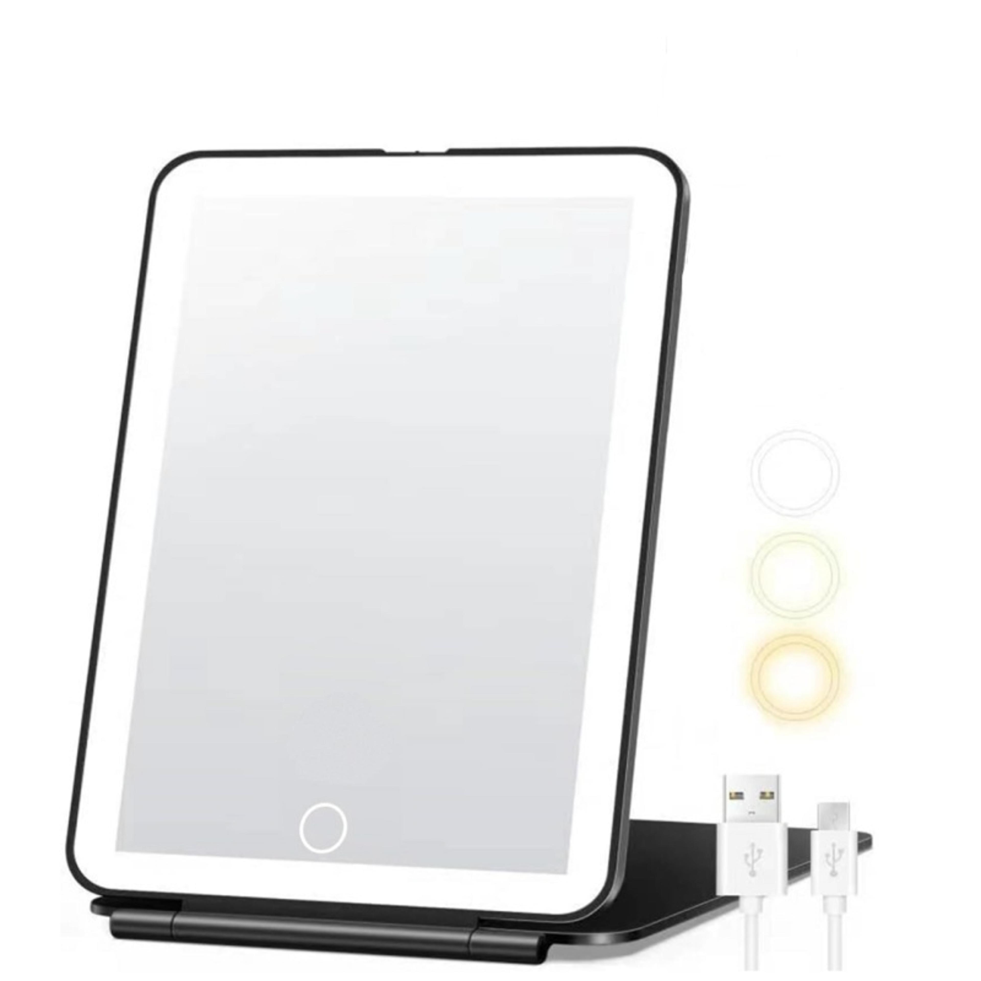 rechargeable travel makeup mirror with lights, 3 color led vanity mirror & touch dimmable brightness