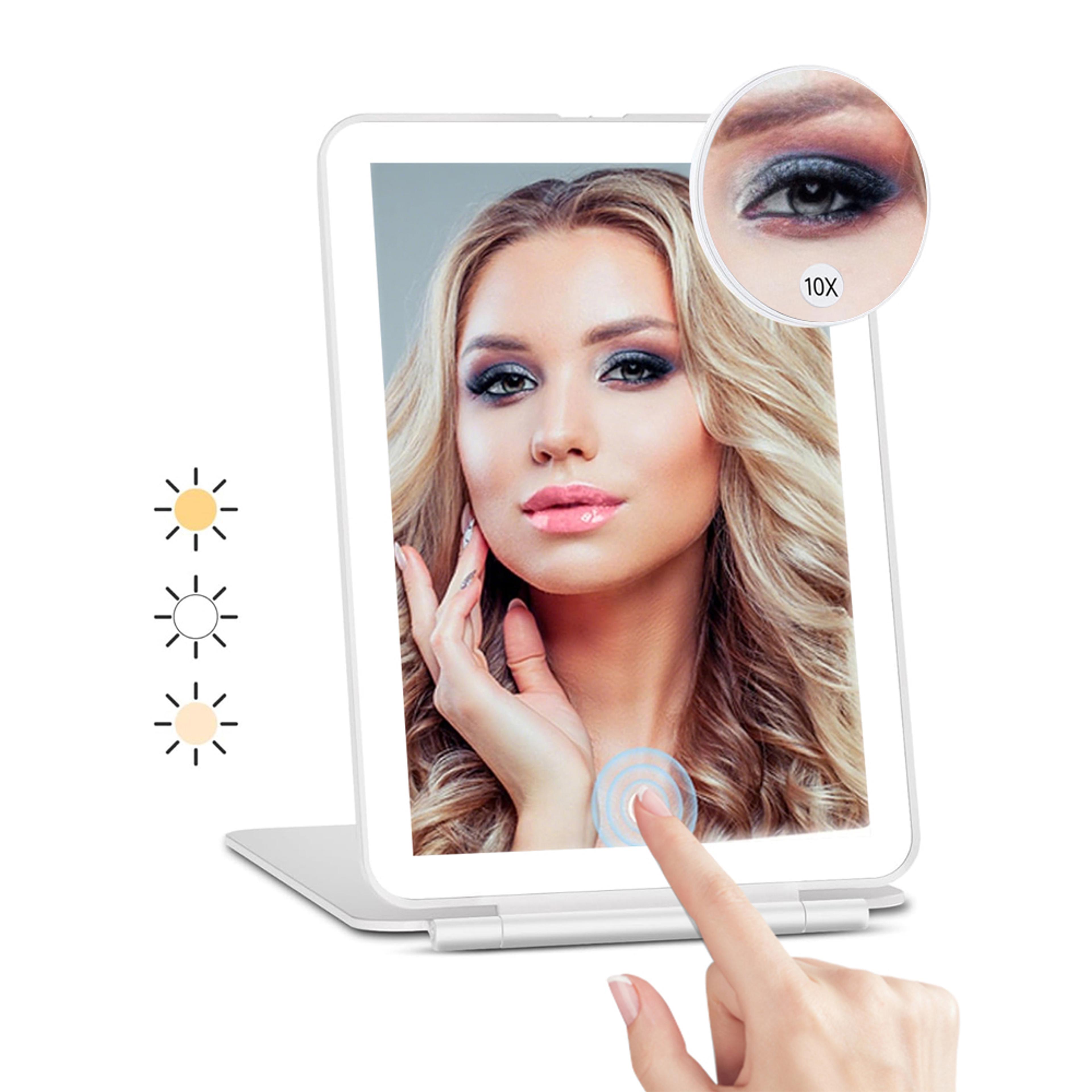 rechargeable led makeup mirror with 3 color lights & 10x magnification for travel and vanity