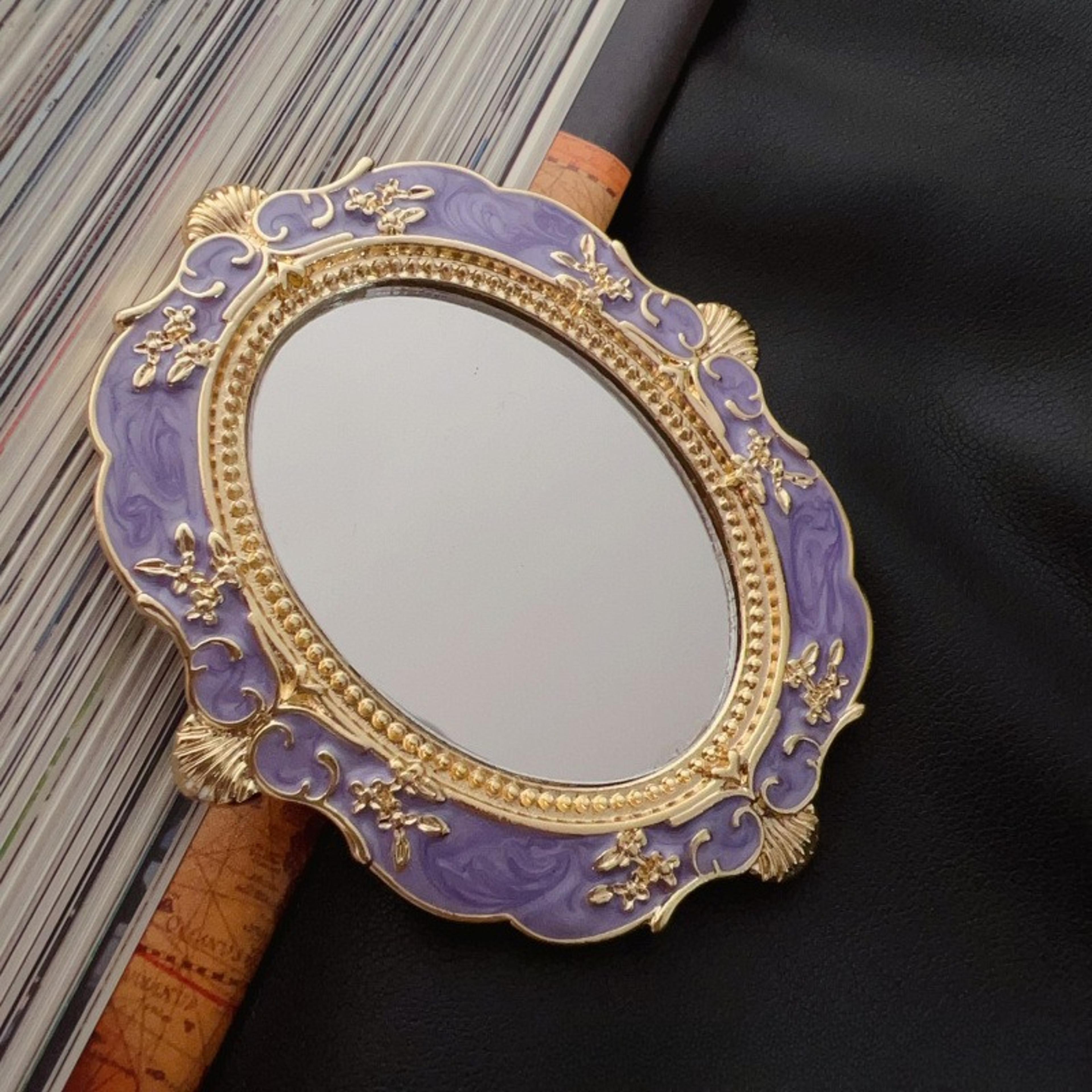vintage handheld mirror with antique gold relief frame, folding portable makeup mirror for travel & vanity