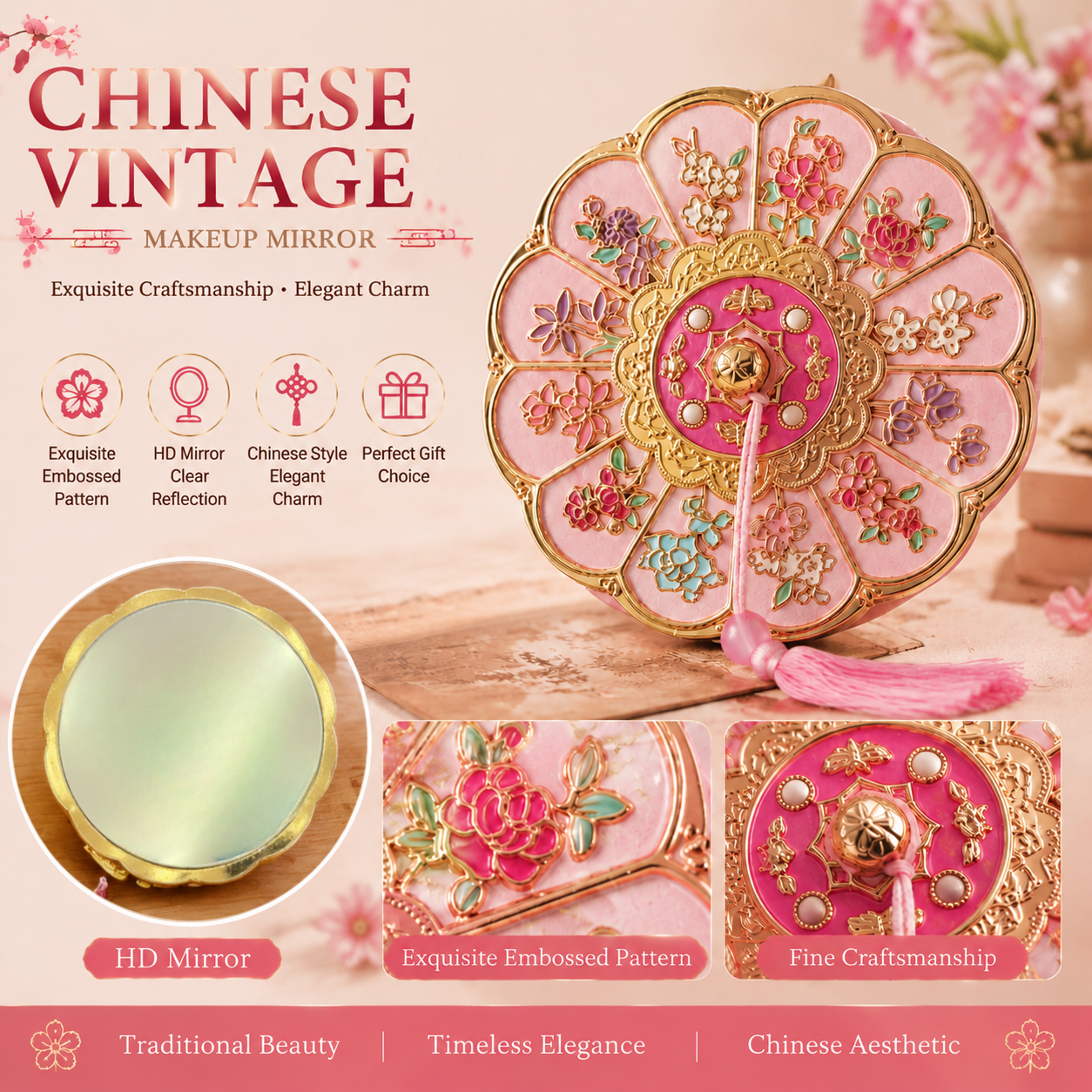 vintage handheld makeup mirror with tassel portable chinese style compact pocket mirror