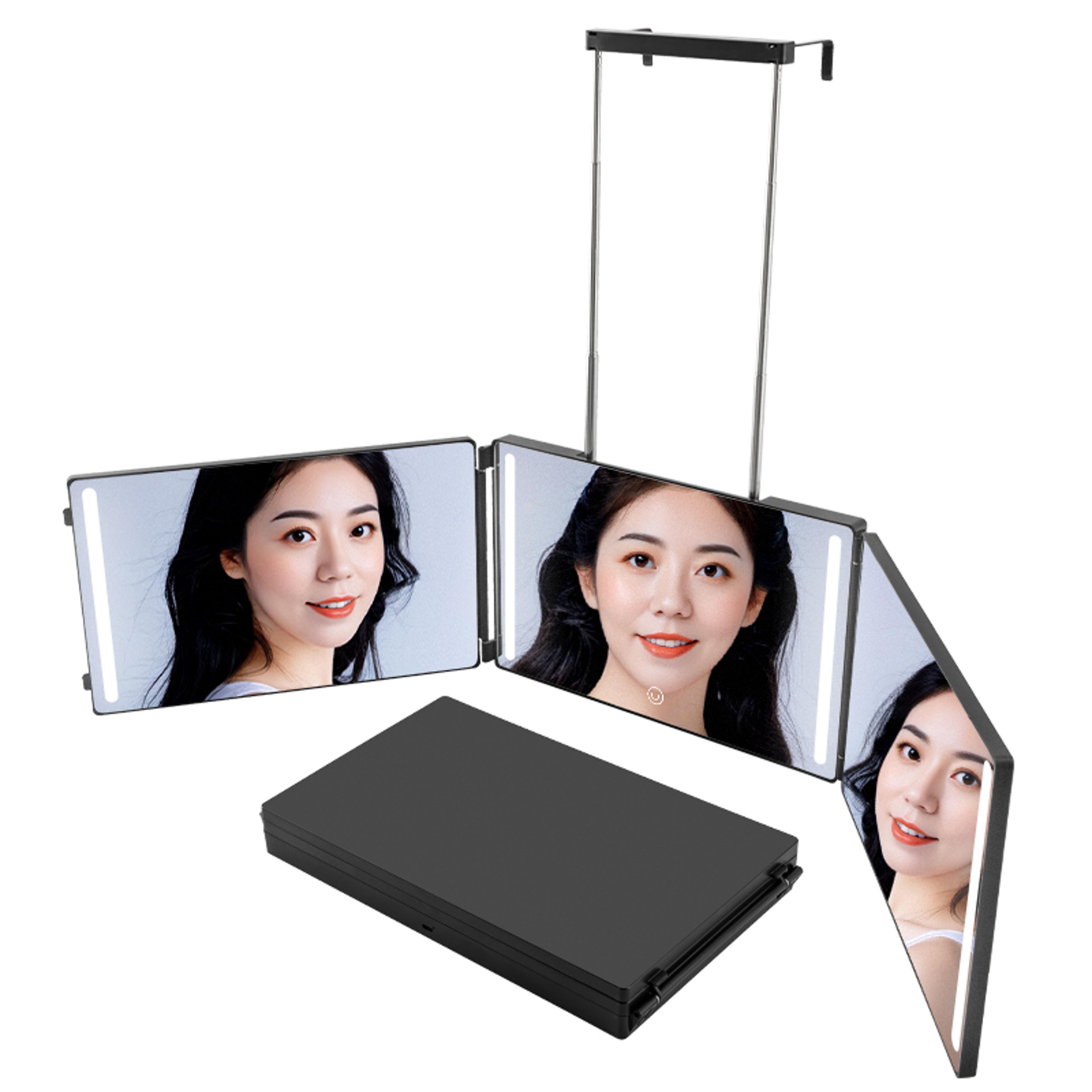 led trifold haircut mirror with adjustable hook portable 3 way mirror for self haircuts & grooming