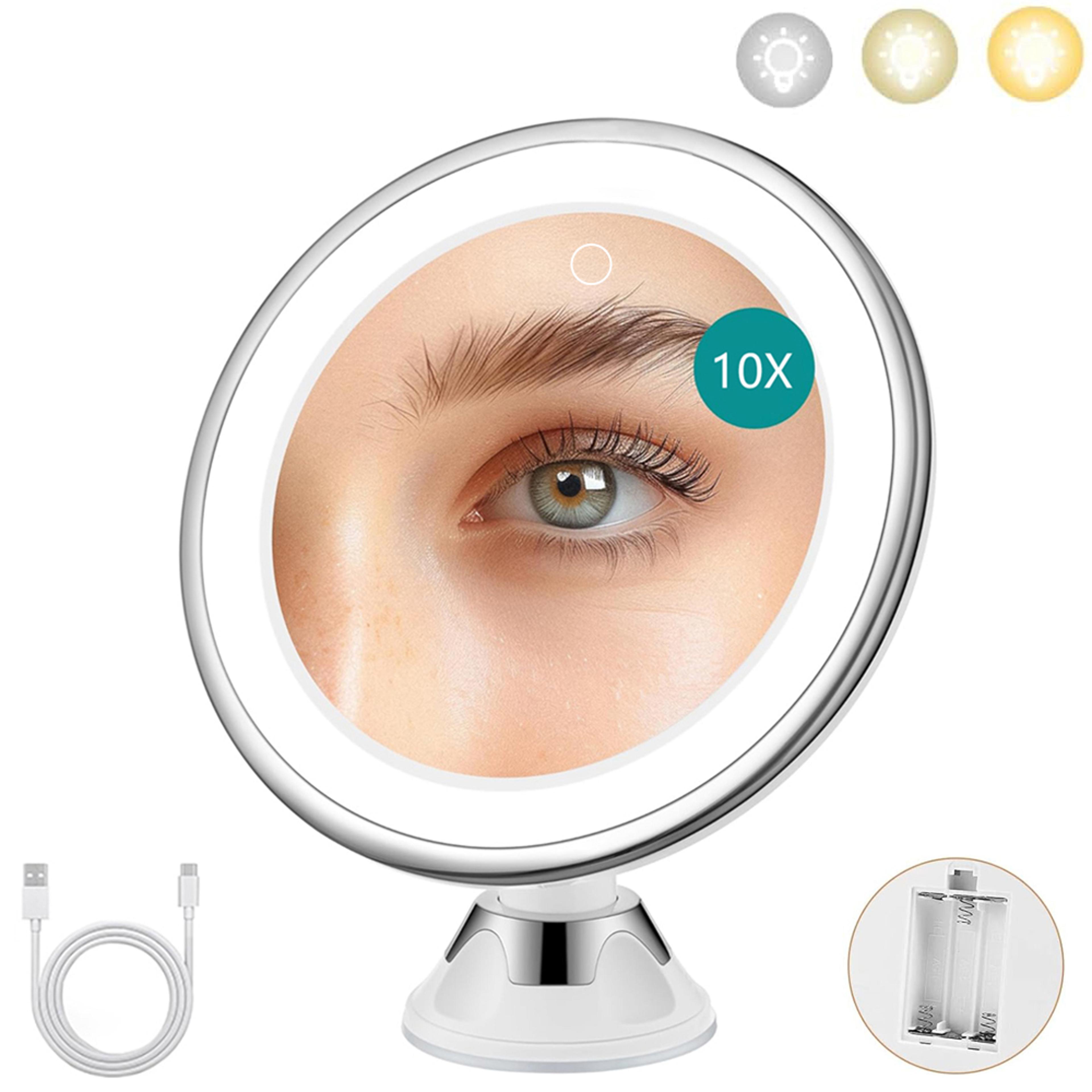 lighted makeup mirror with 10x magnifying mirror, 3 color led lights & 360° suction cup rotation