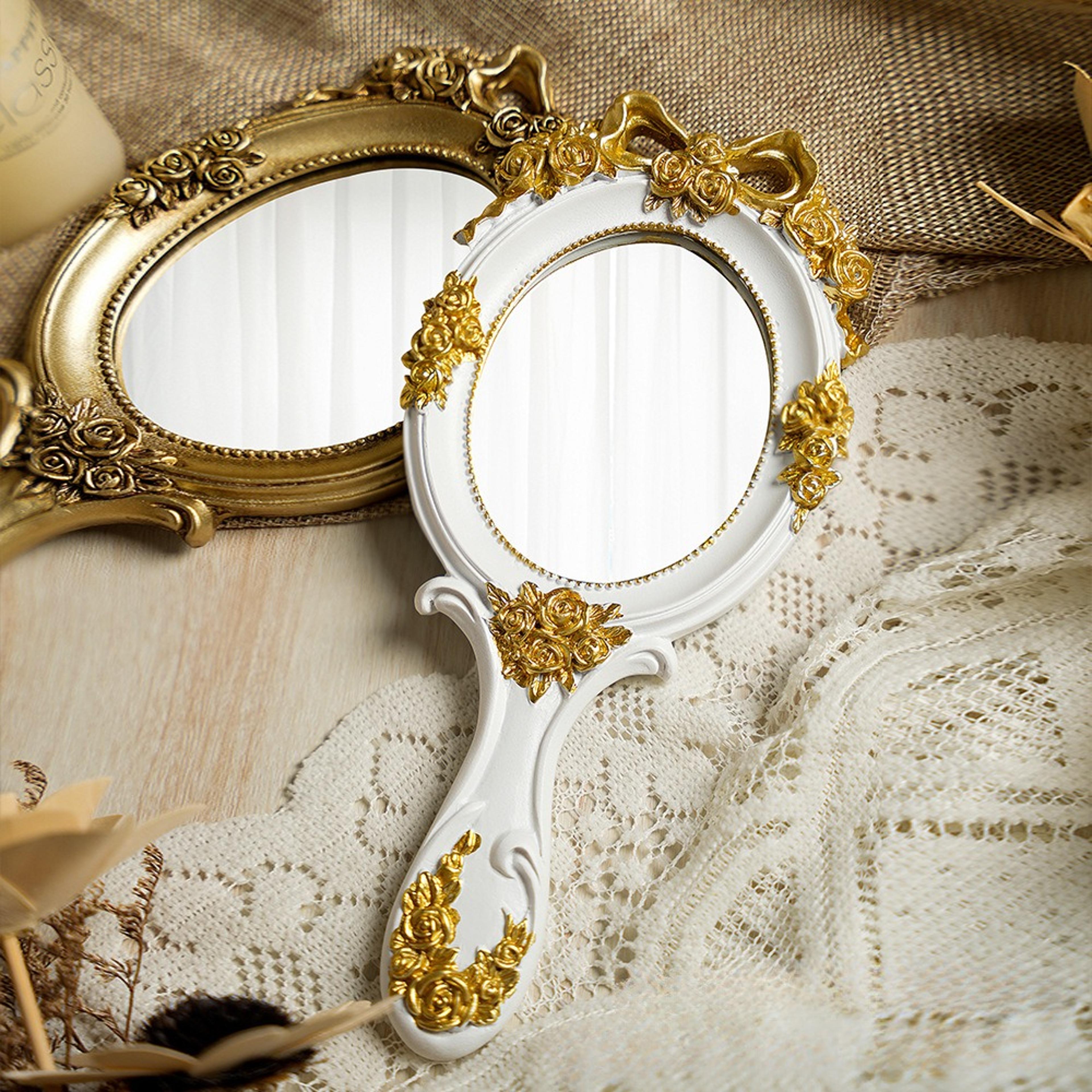 vintage handheld makeup mirror with embossed rose design portable oval travel vanity mirror
