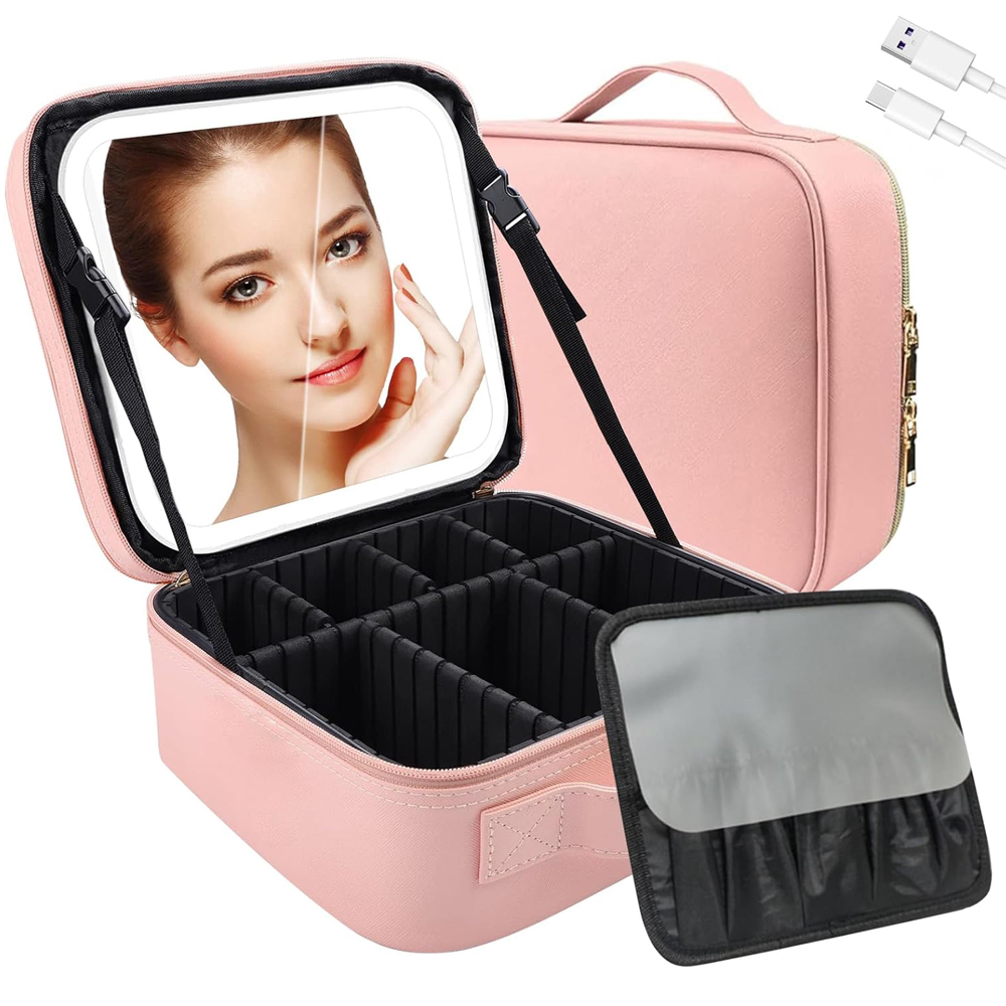 led makeup bag with mirror travel makeup case organizer with adjustable dividers & brush holder