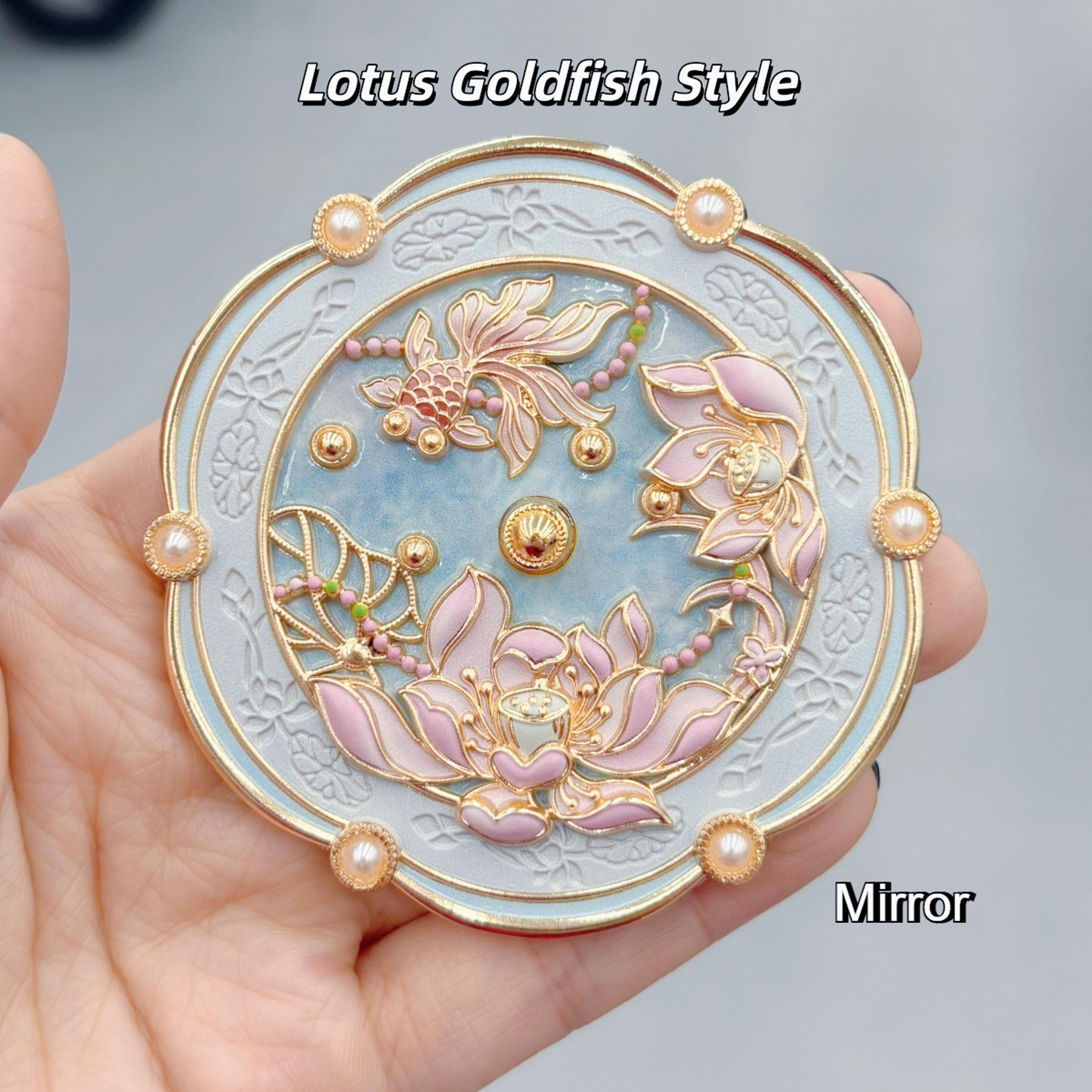 chinese style portable makeup mirror with lotus & goldfish design travel compact gift for her