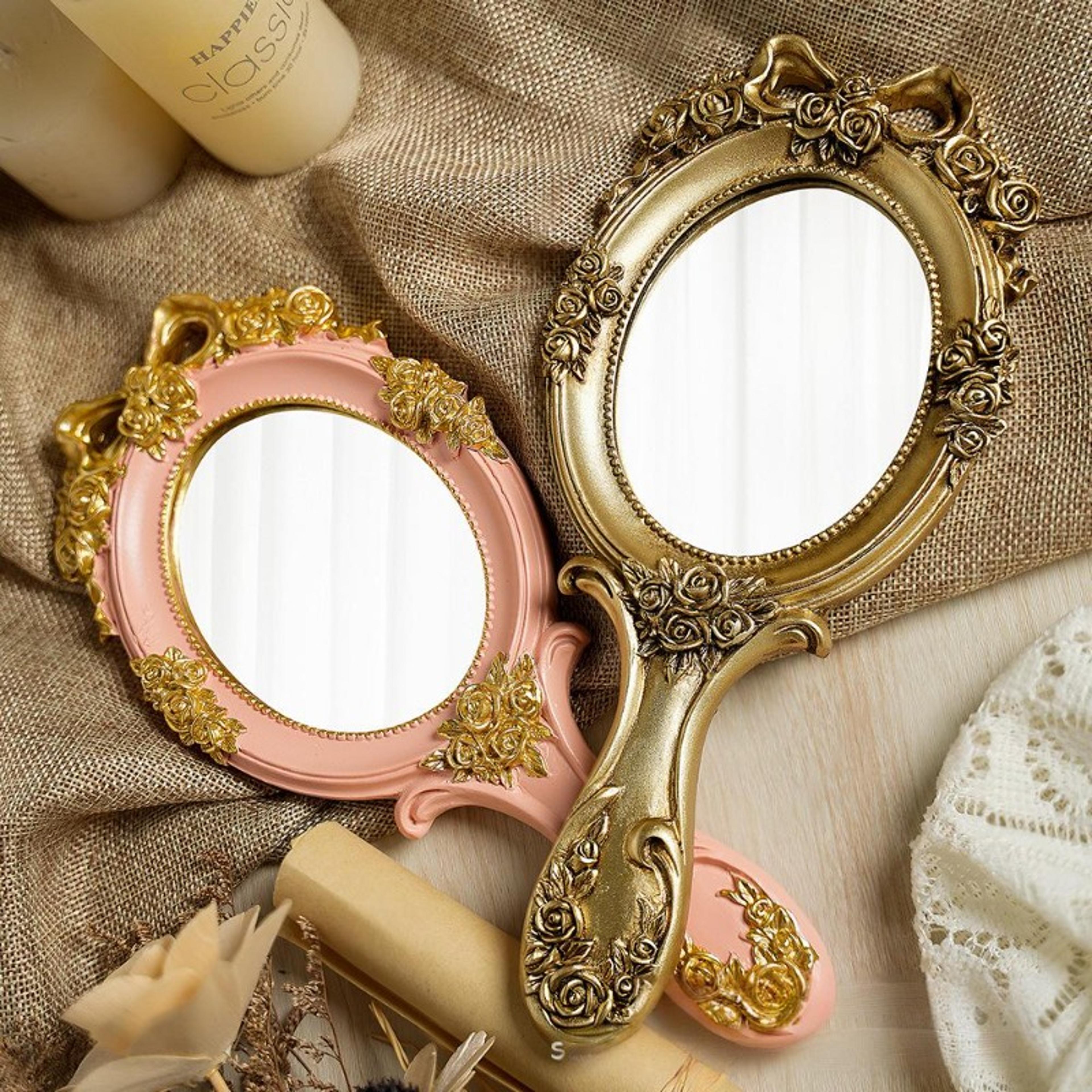vintage handheld makeup mirror portable oval vanity mirror with embossed rose design