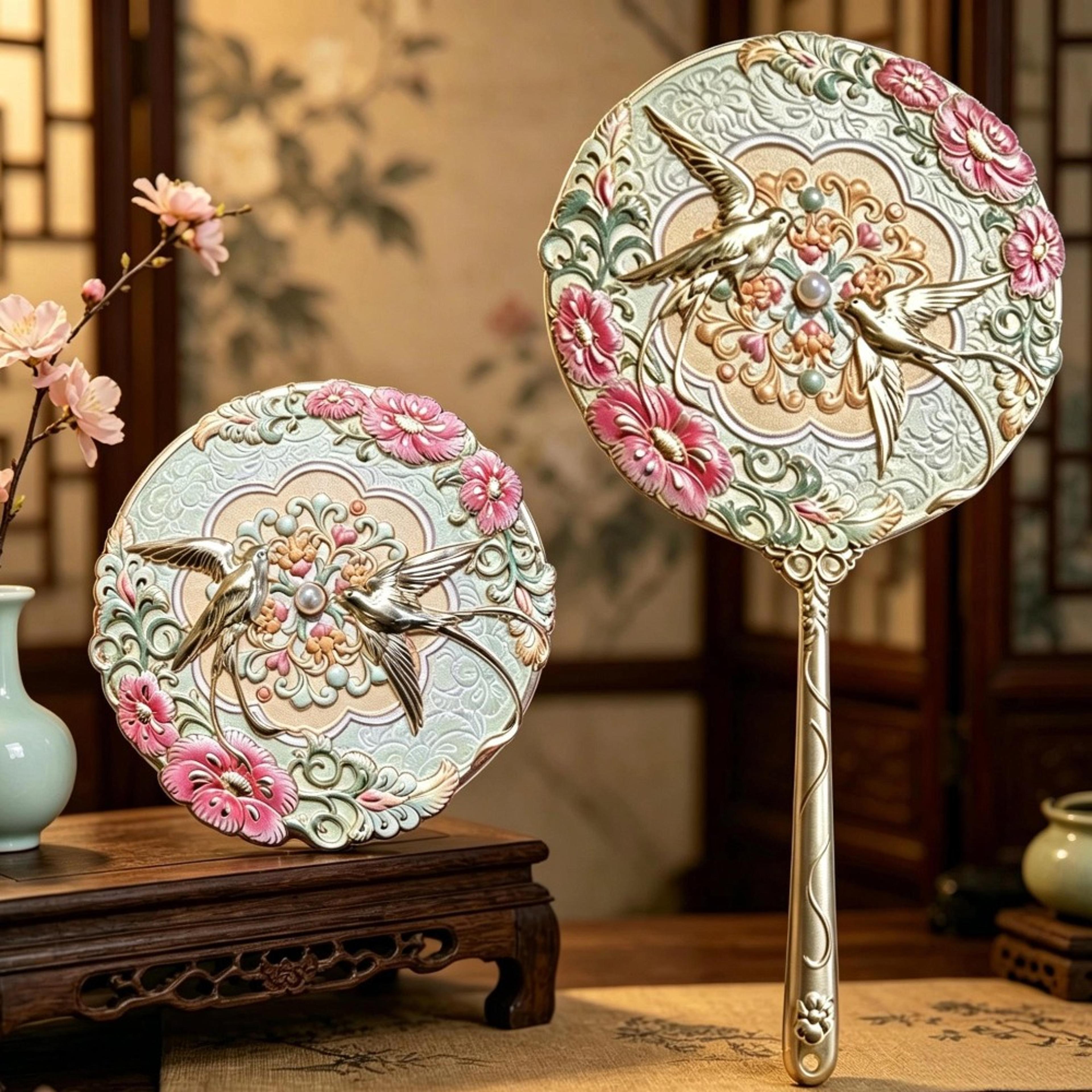 vintage handheld makeup mirror with chinese peony relief vintage hand mirror gift for women