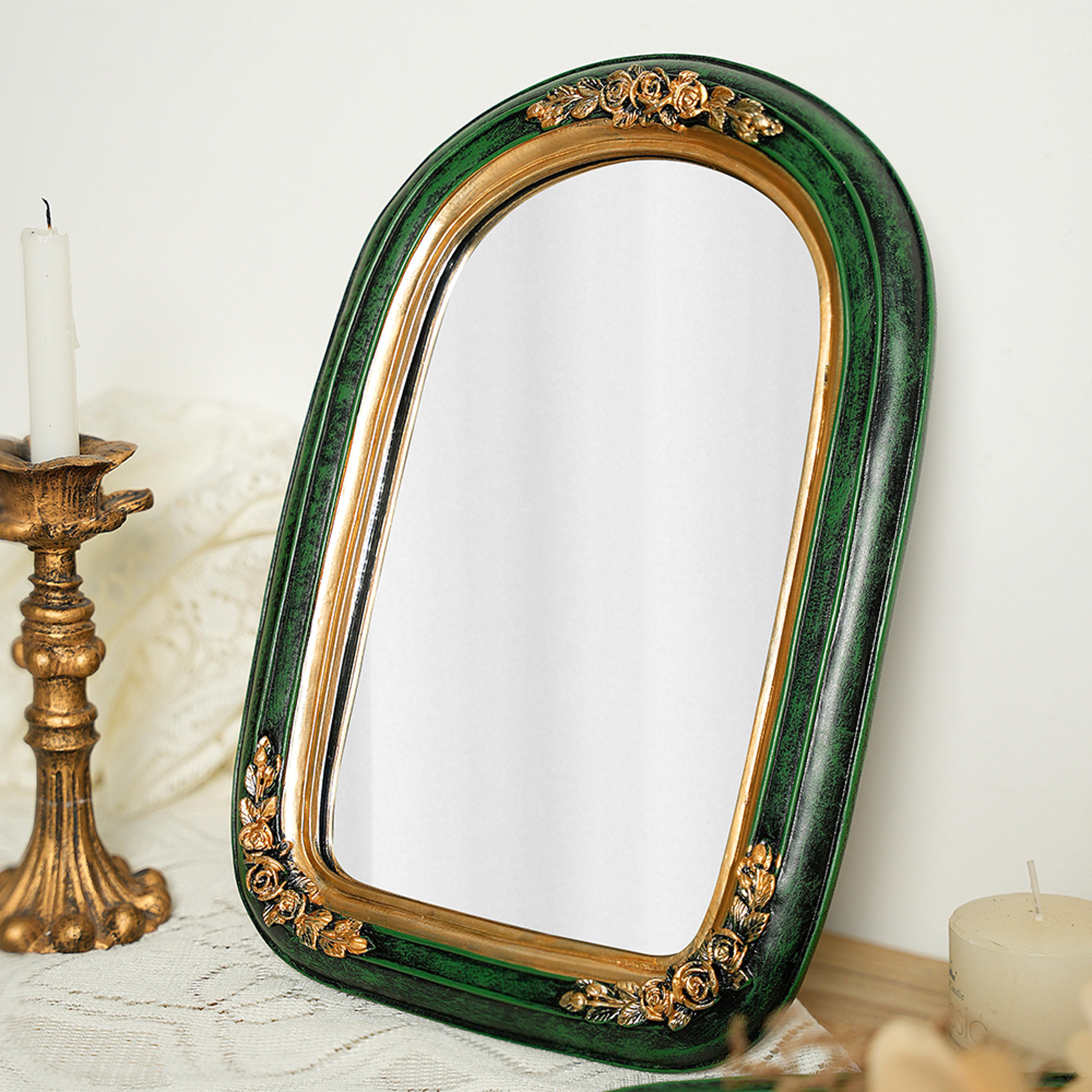 european vintage resin makeup mirror with embossed green frame decorative vanity hand mirror