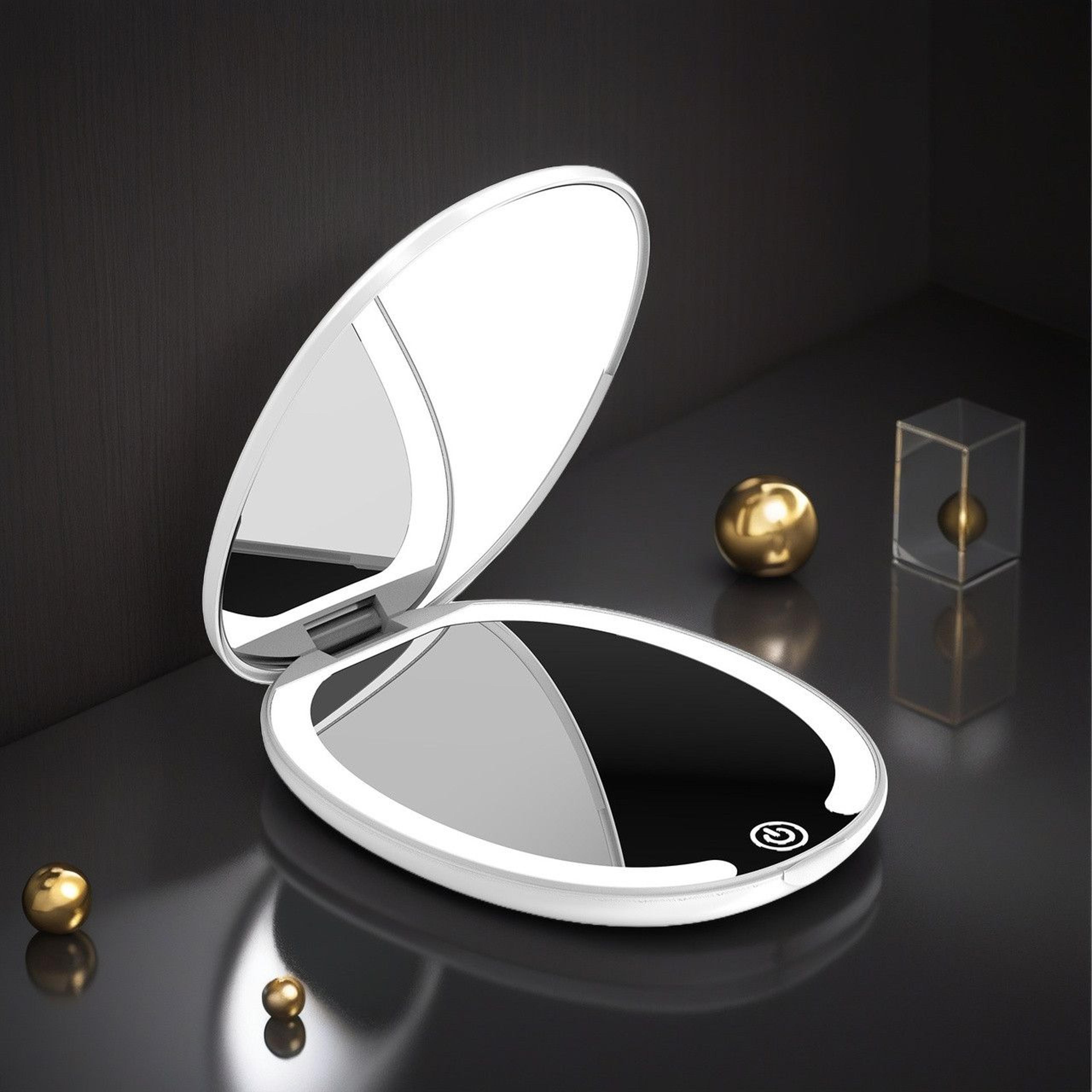 portable led makeup mirror with tri-color light, 5x magnifying mirror & foldable travel design