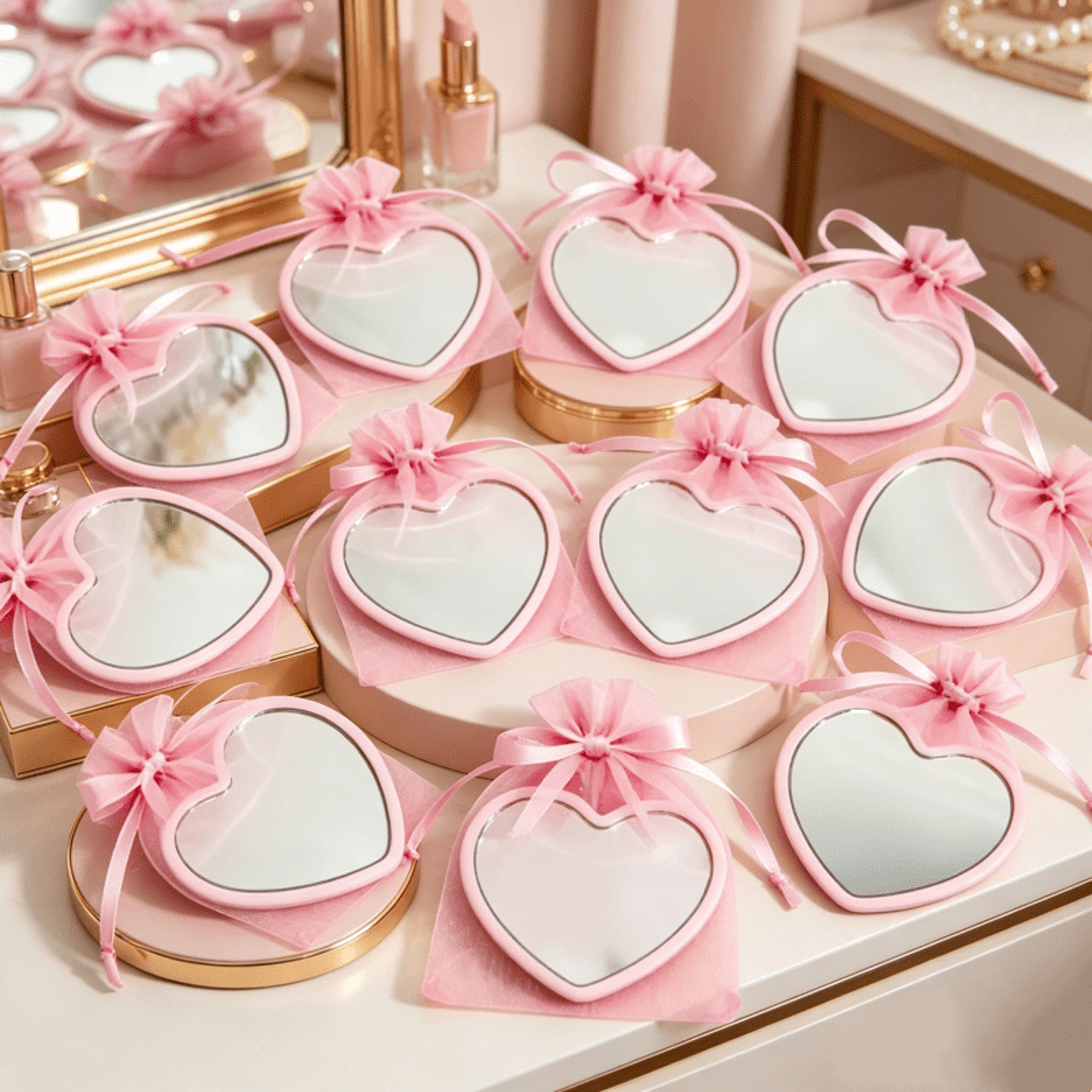 piece heart compact mirror set with pink storage bag for travel, weddings & skincare