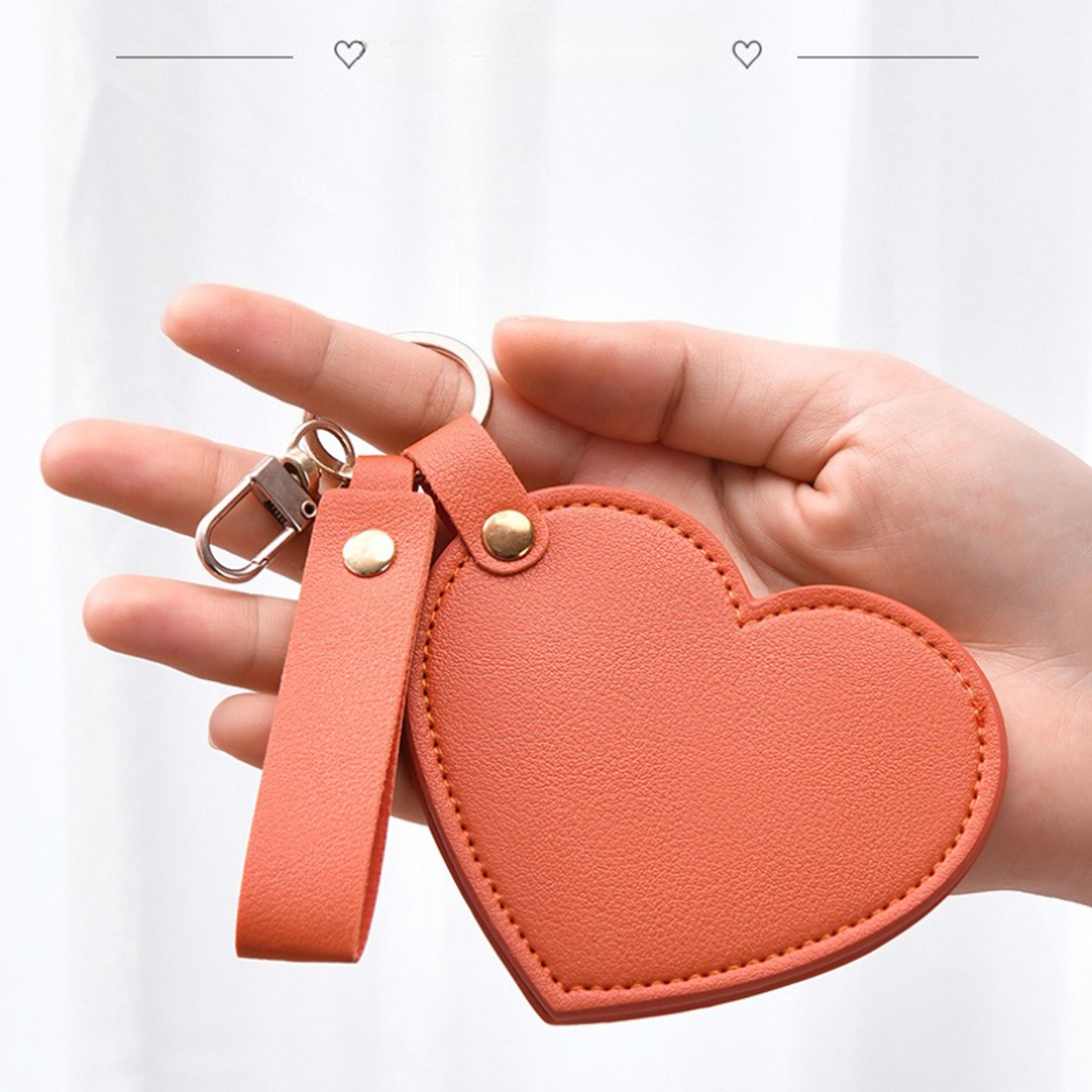 heart compact mirror keychain portable travel makeup mirror with pu leather case for purse & gifts