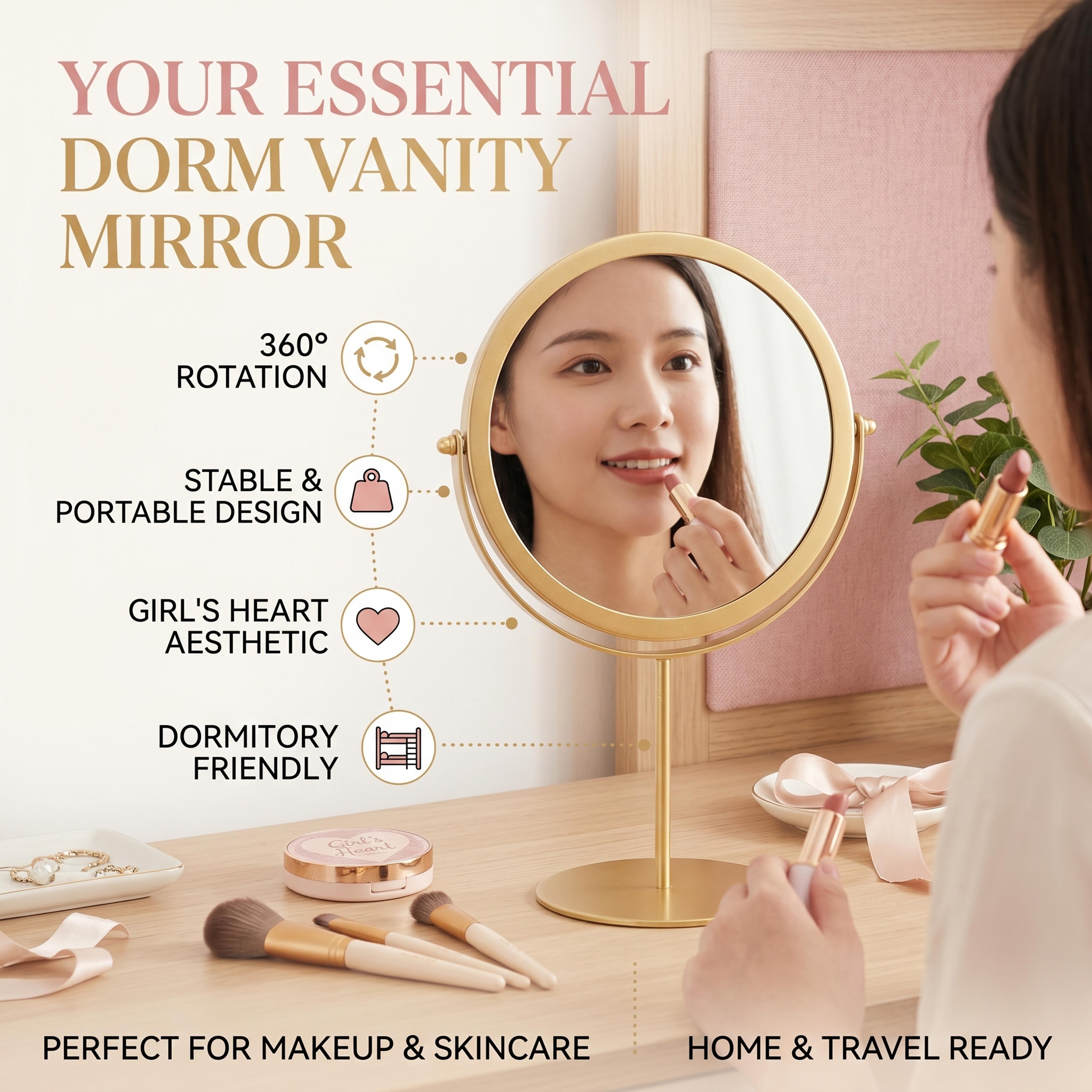 vintage round desktop makeup mirror with 360° rotating metal stand for vanity & dressing table