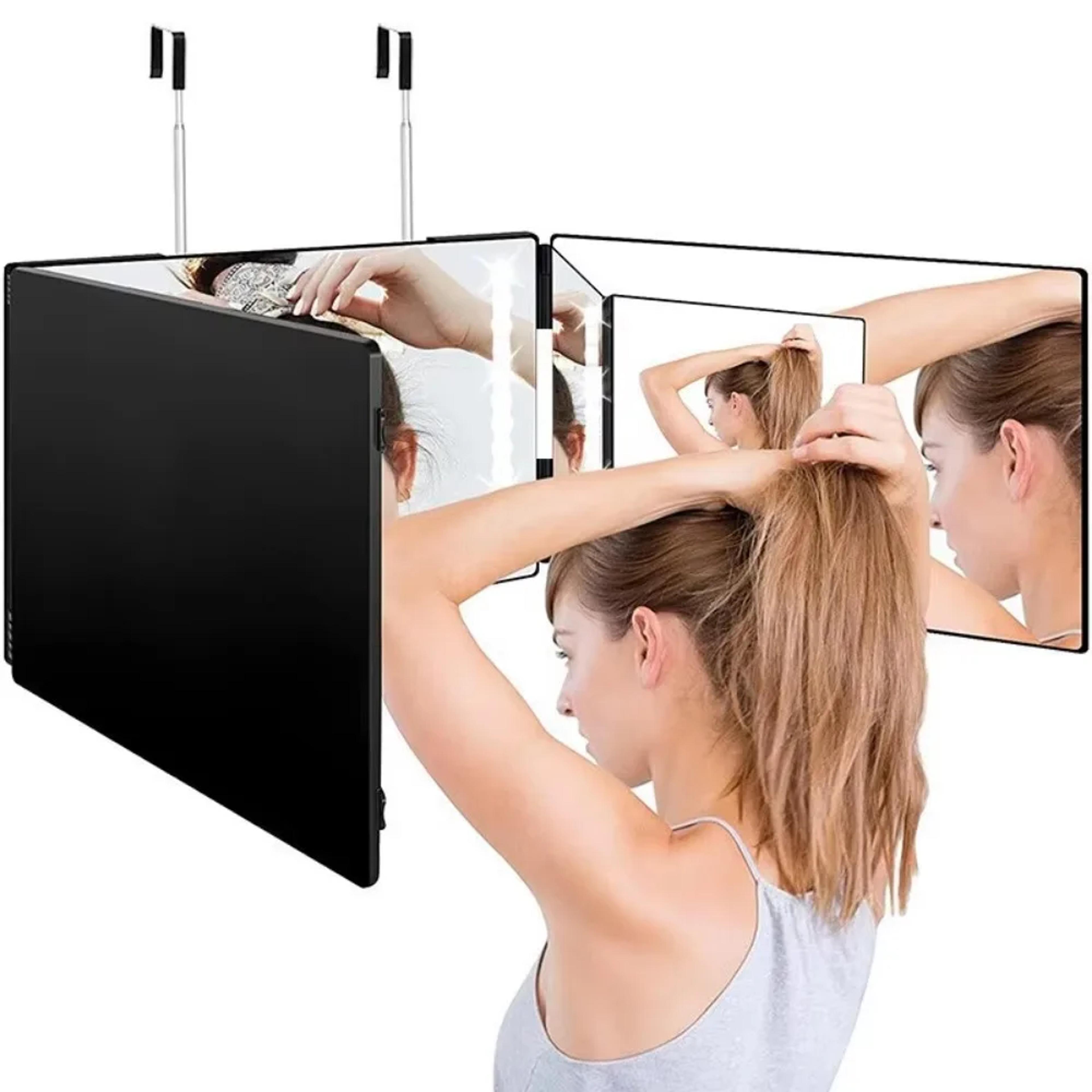 led 3 way haircut mirror with lights adjustable height trifold self haircut mirror for diy grooming