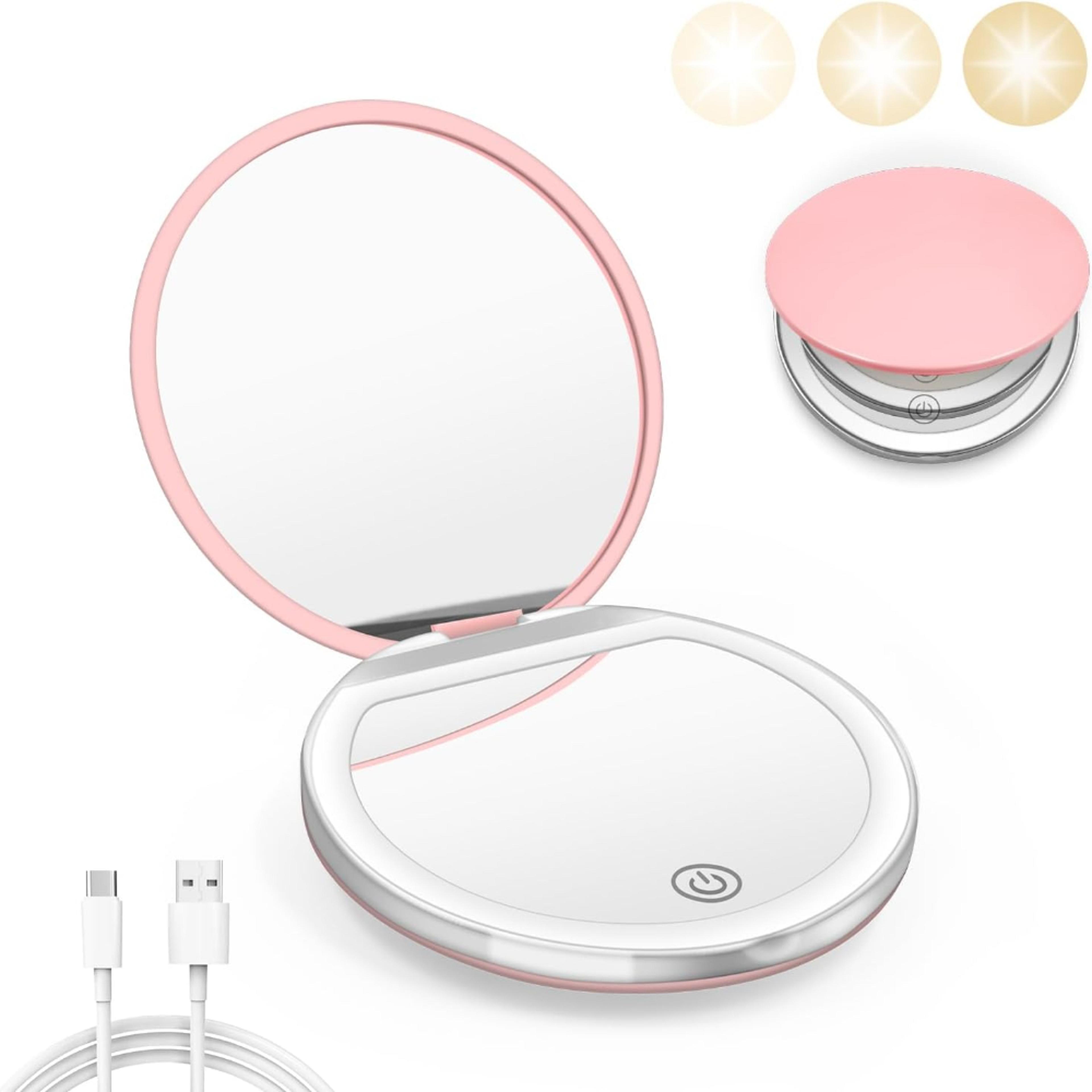 led compact mirror with light usb rechargeable 1x and 3x magnifying travel pocket mirror