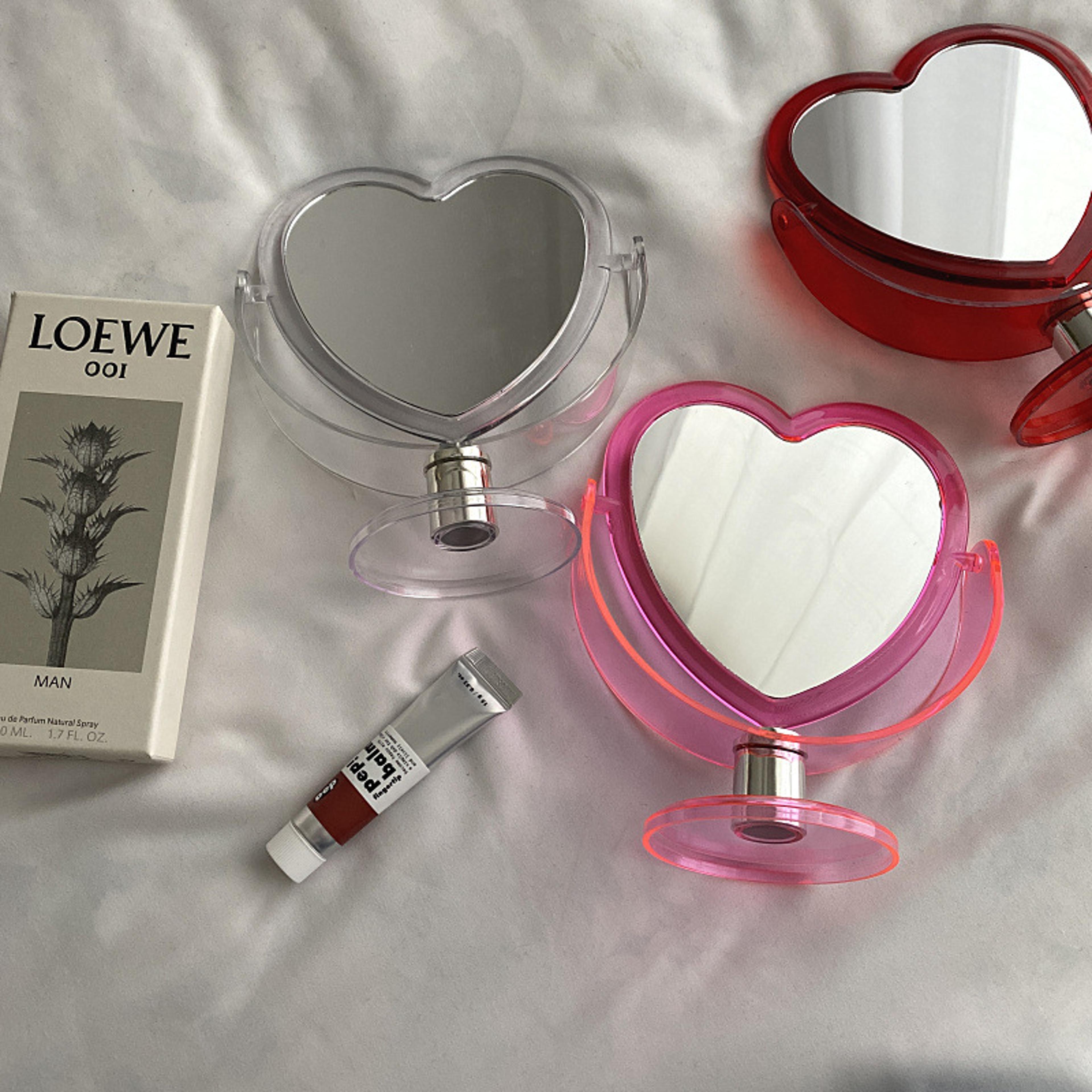 heart shaped makeup mirror with clear acrylic base double sided desktop vanity mirror